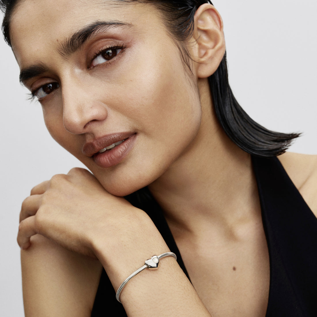 Engravable Heart Sterling Silver Charm With Bioresin Man-Made Mother Of Pearl