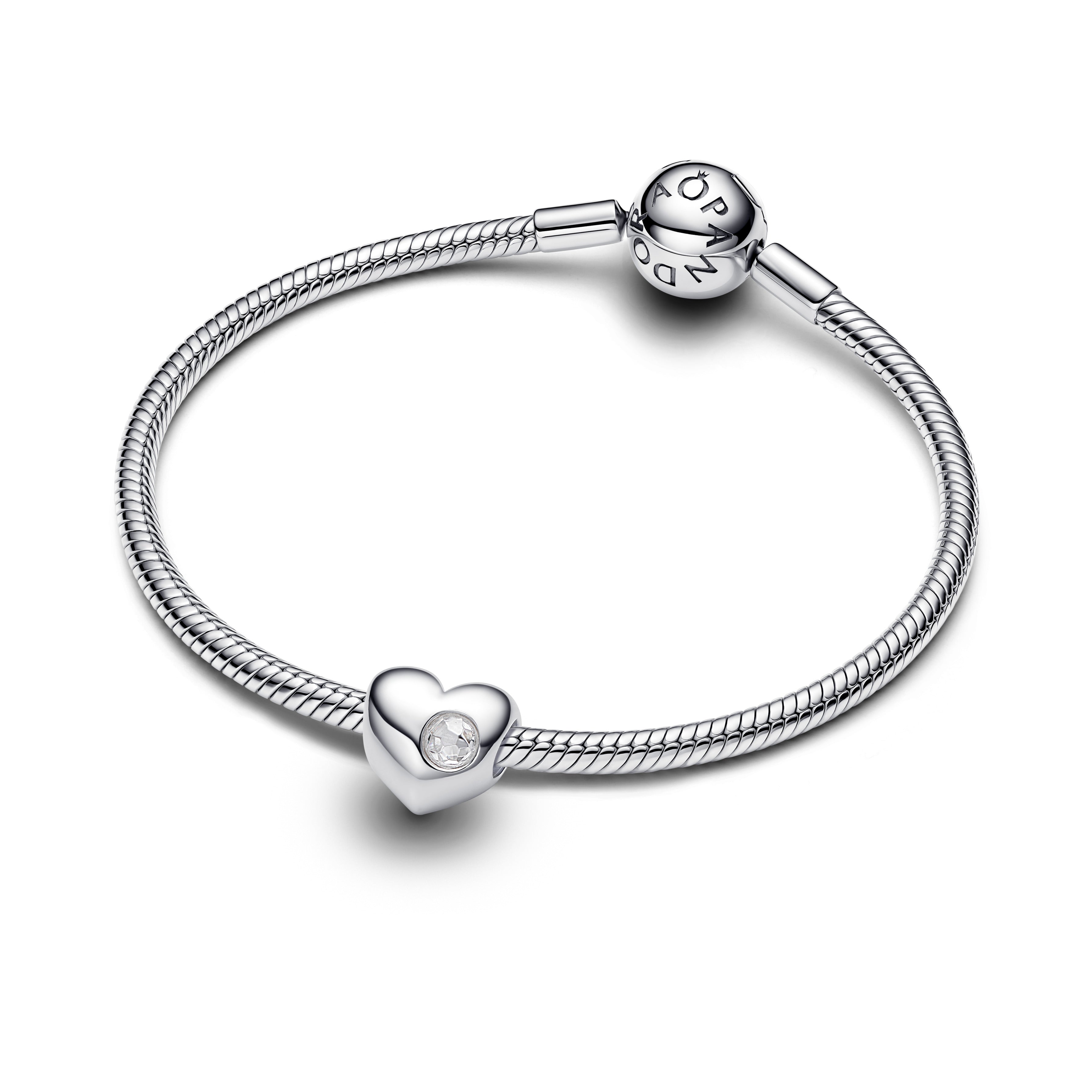 Engravable Heart Sterling Silver Charm With Clear Cubic Zirconia