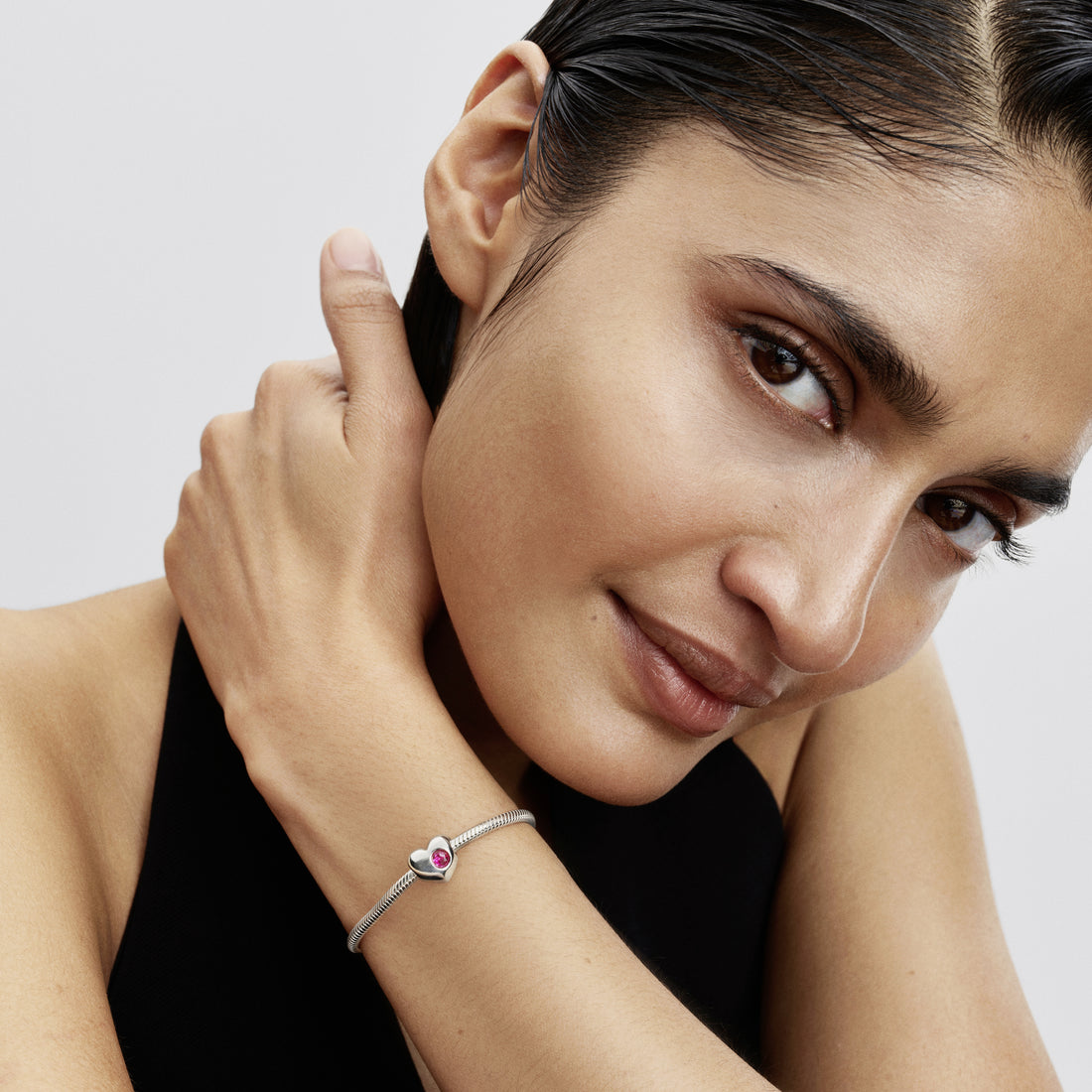 Engravable Heart Sterling Silver Charm With Phlox Pink Crystal