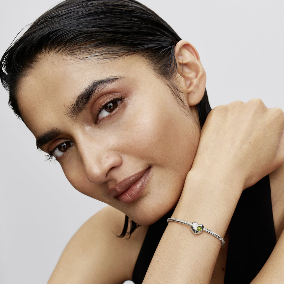 Engravable Heart Sterling Silver Charm With Spring Green Crystal