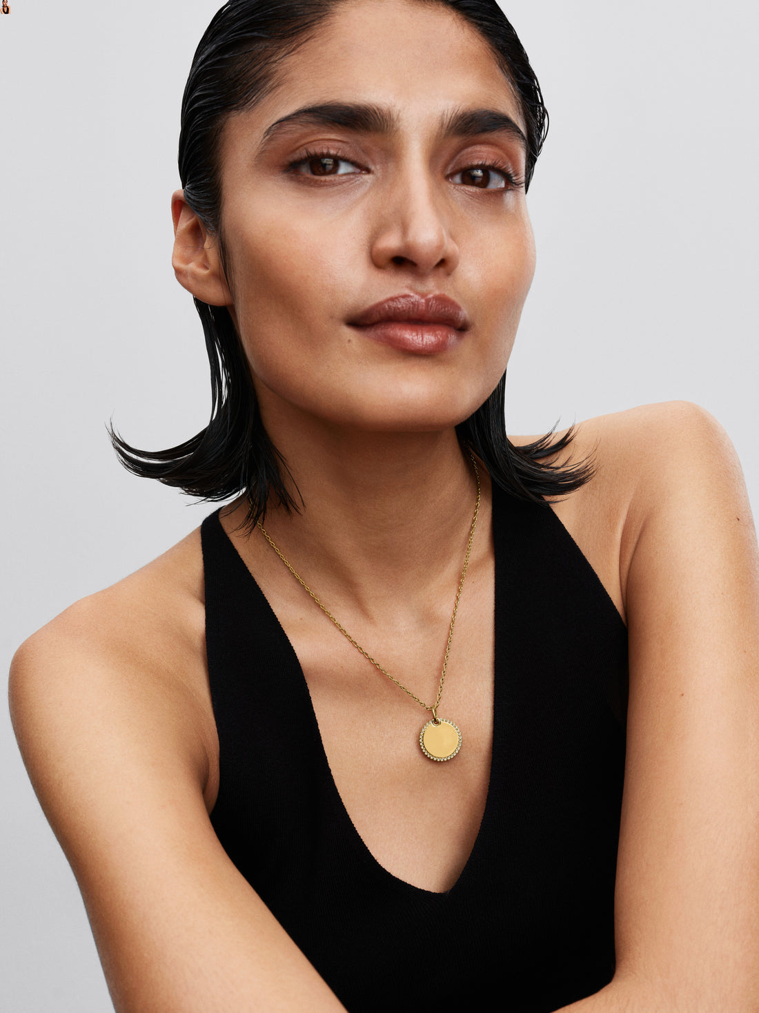 Engravable Round 14K Gold-Plated Pendant With Clear Cubic Zirconia
