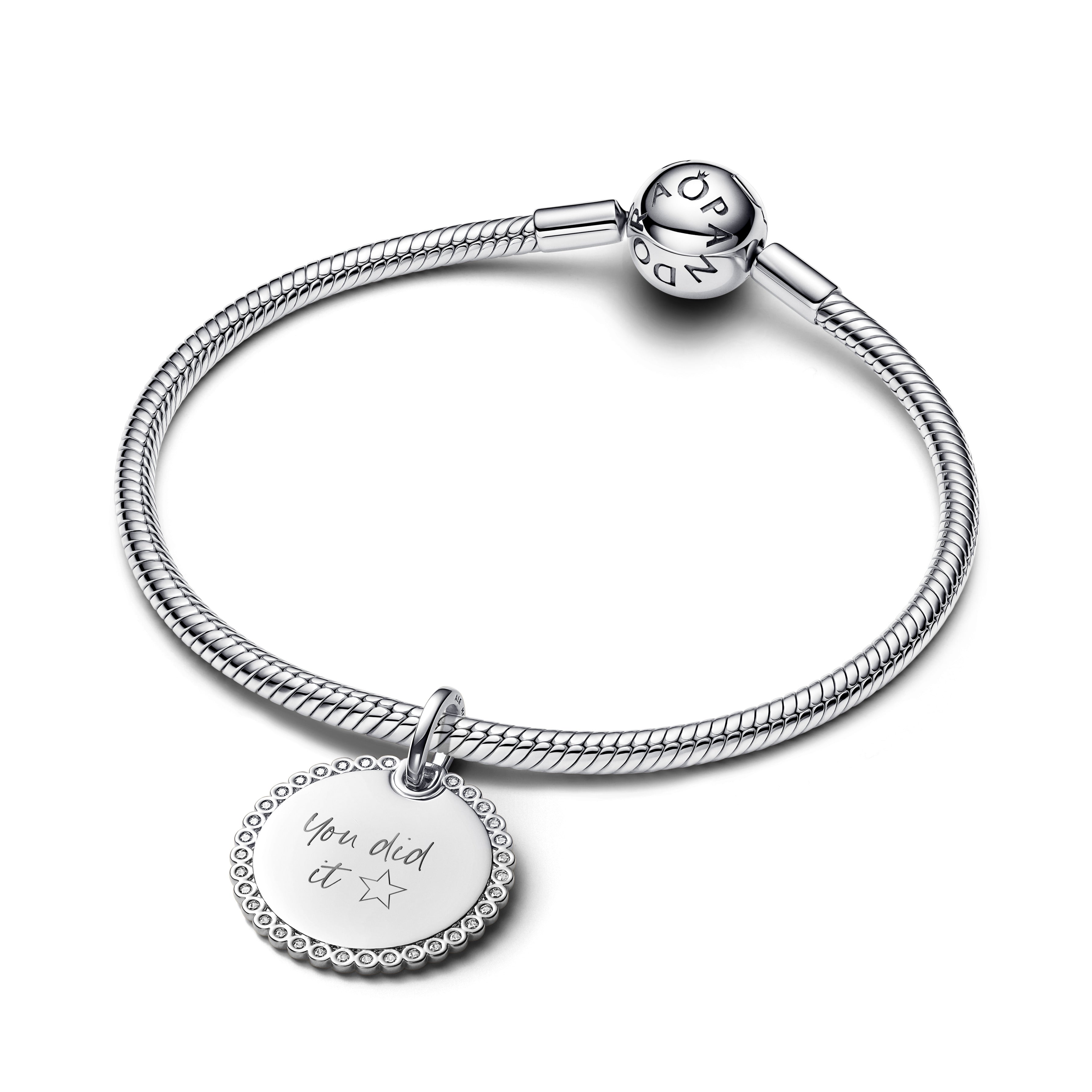 Engravable Round Sterling Silver Pendant With Clear Cubic Zirconia