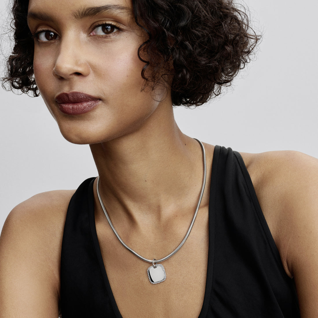 Engravable Square Sterling Silver Pendant With Clear Cubic Zirconia