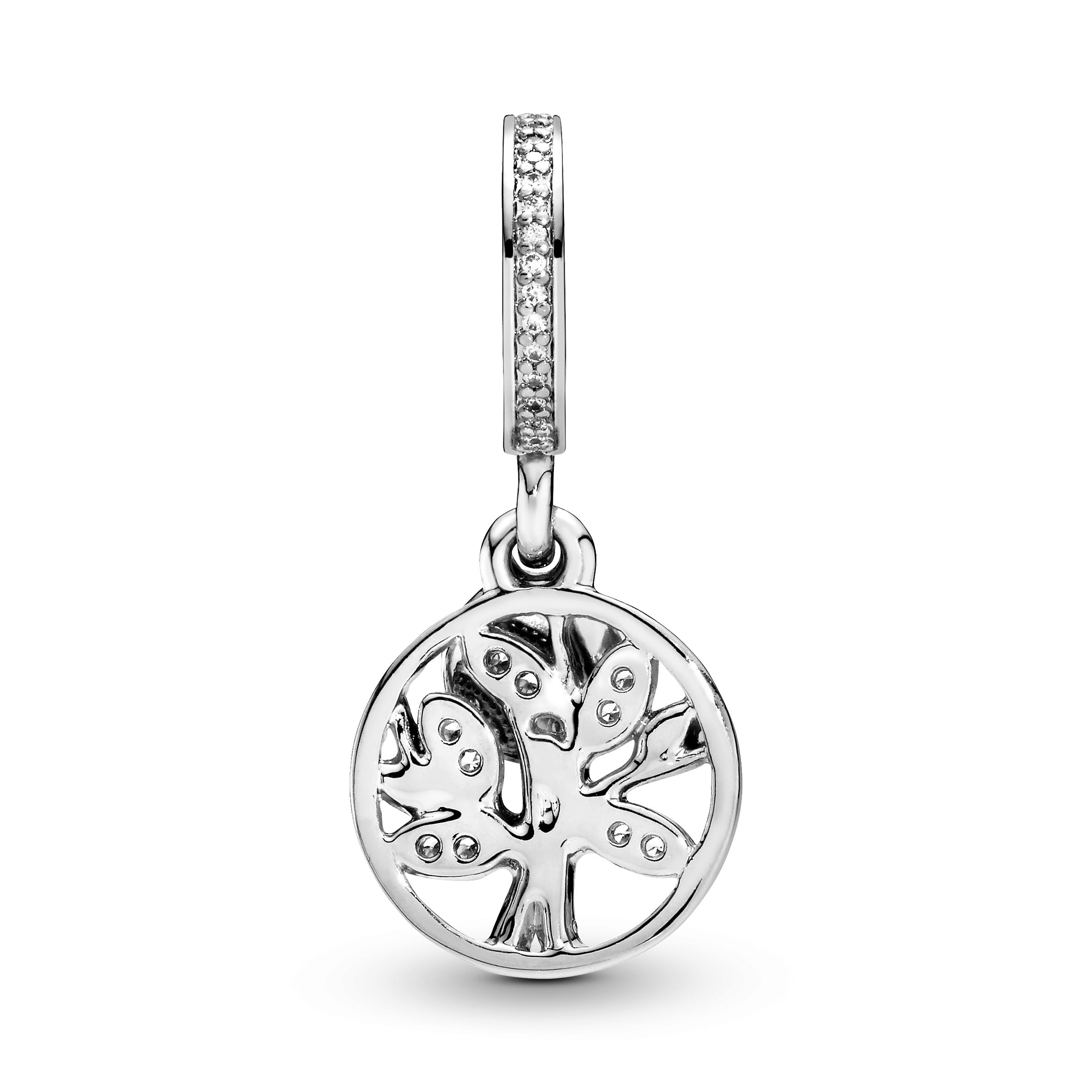 Family Tree Silver Dangle With 14K And Clear Cubic Zirconia