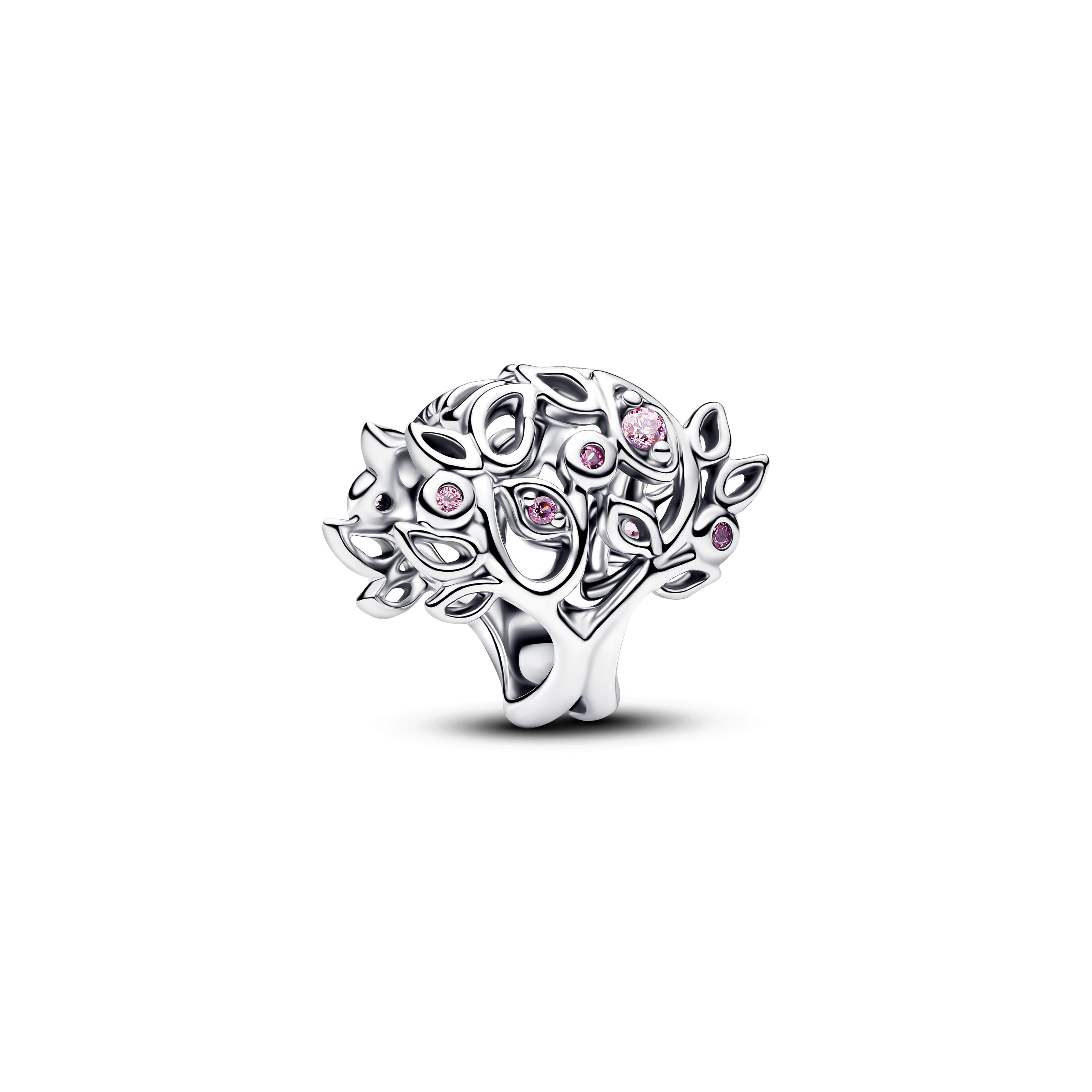 Family Tree Sterling Silver Charm With Fancy Pink Cubic Zirconia And Fuchsia Rose Crystal
