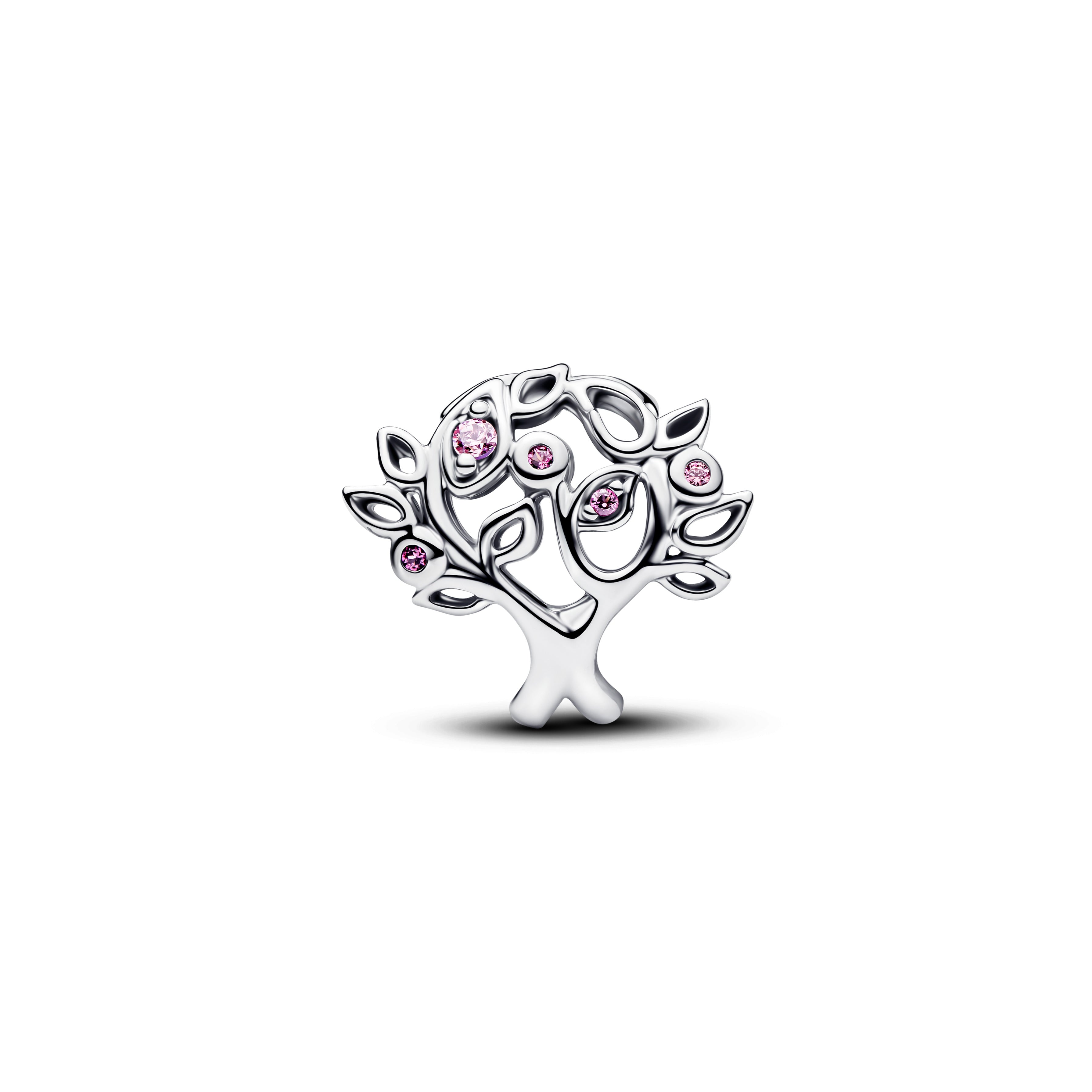 Family Tree Sterling Silver Charm With Fancy Pink Cubic Zirconia And Fuchsia Rose Crystal