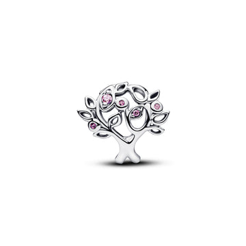 Family Tree Sterling Silver Charm With Fancy Pink Cubic Zirconia And Fuchsia Rose Crystal