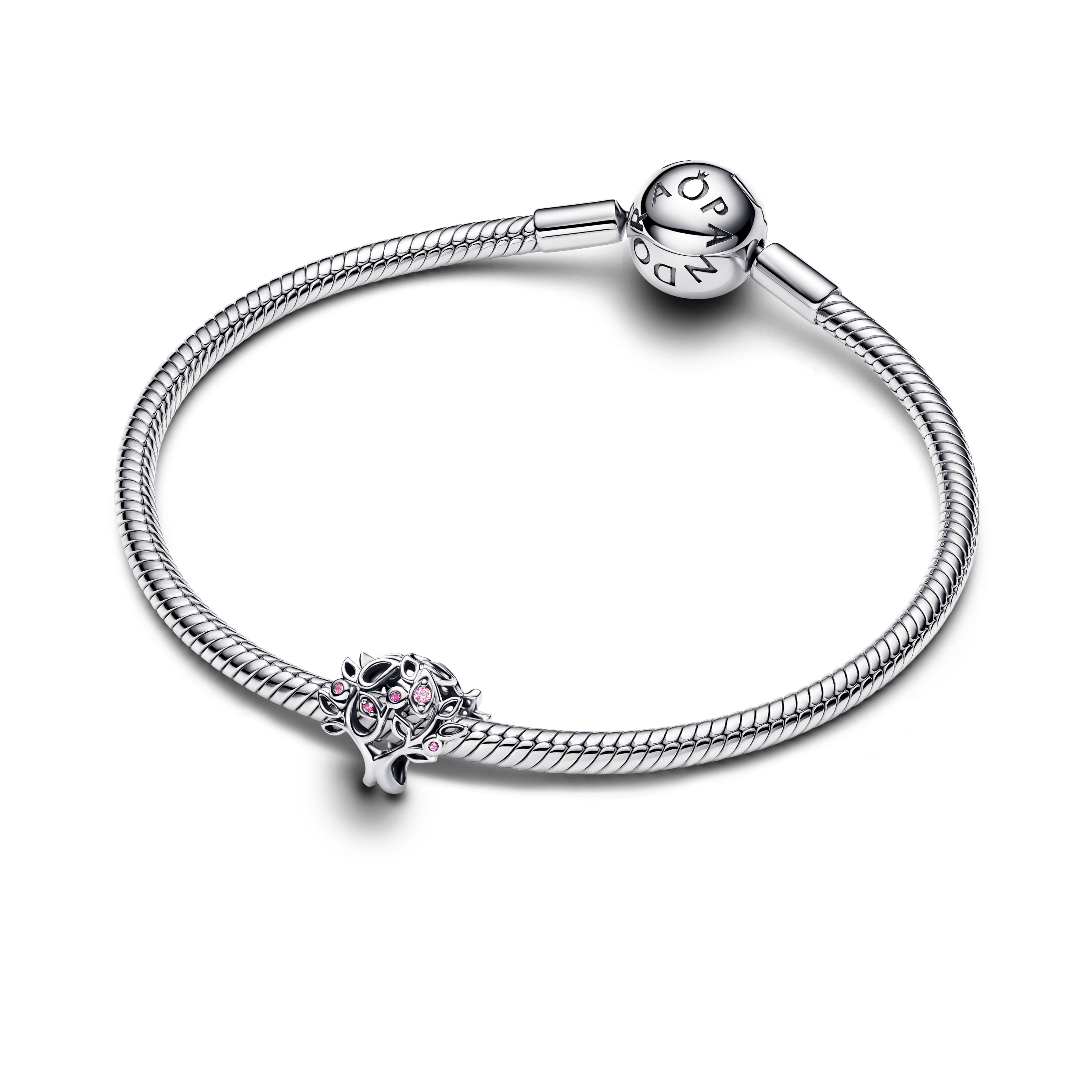 Family Tree Sterling Silver Charm With Fancy Pink Cubic Zirconia And Fuchsia Rose Crystal