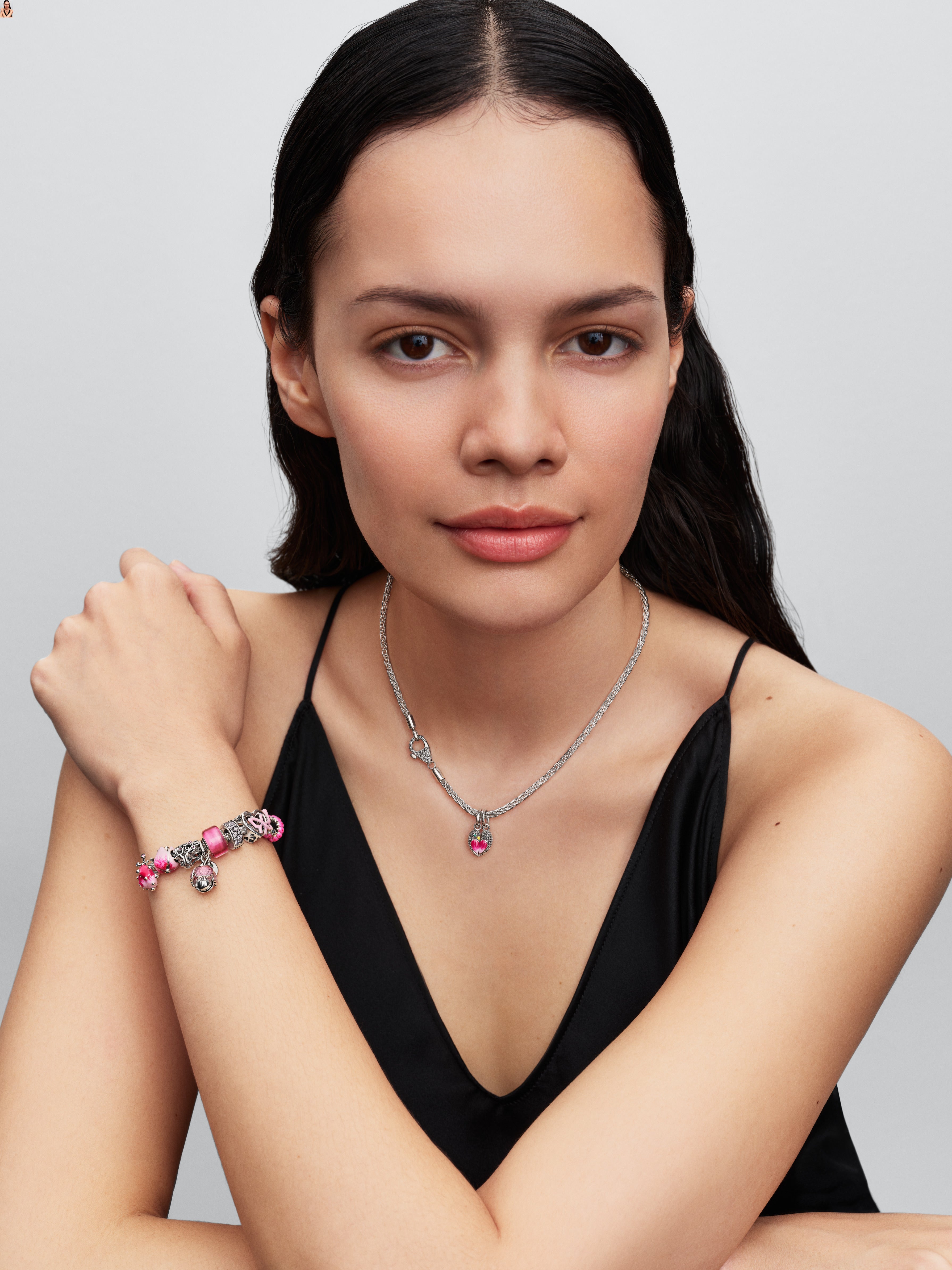 Family Tree Sterling Silver Charm With Fancy Pink Cubic Zirconia And Fuchsia Rose Crystal