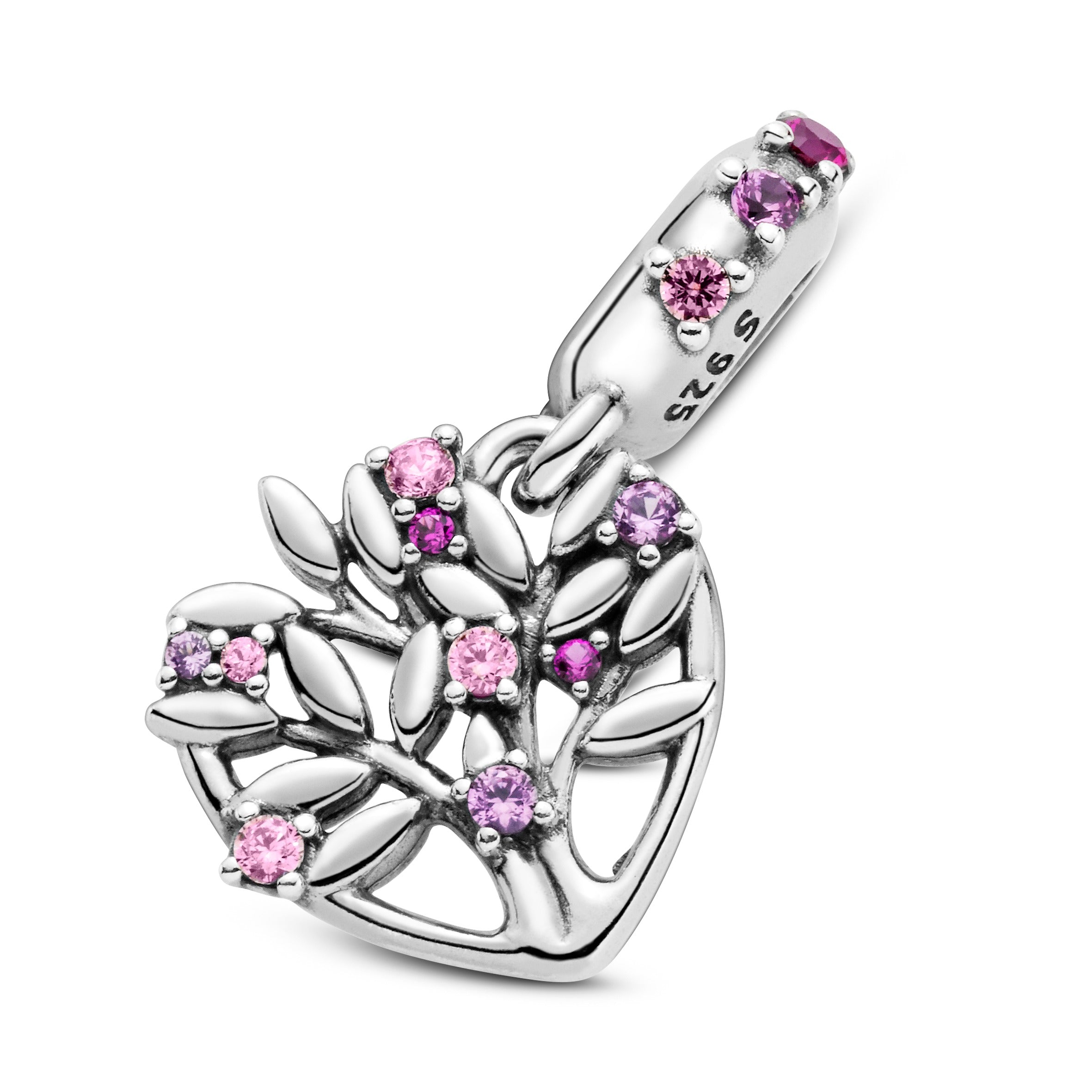 Family Tree Sterling Silver Dangle With Fancy Fairy Tale Pink Cubic Zirconia, Synthetic Pink Sapphire And Synthetic Ruby