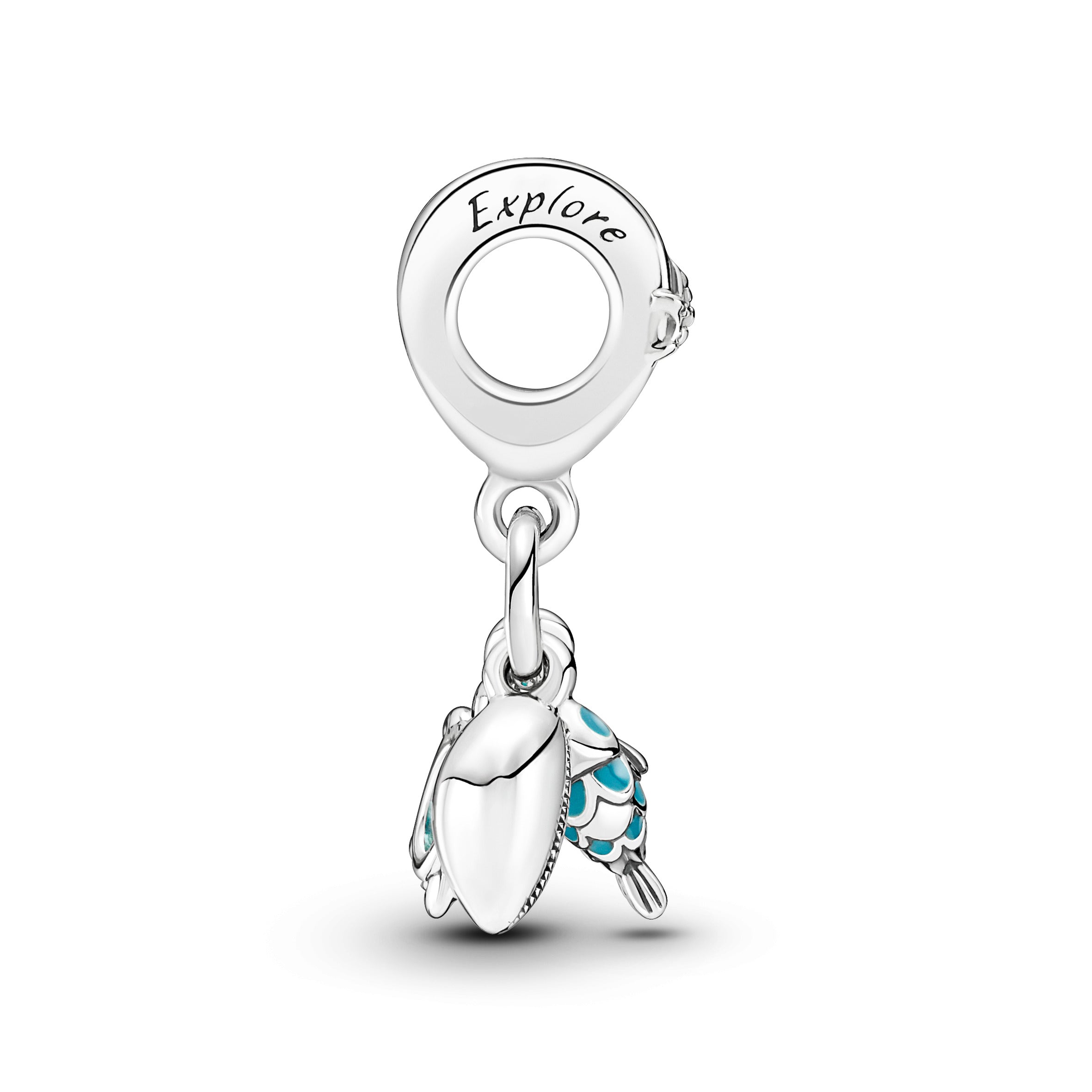 Fish, Turtle And Shell Sterling Silver Dangle With Bi-Color Green Blue Murano Glass And Turquoise Enamel