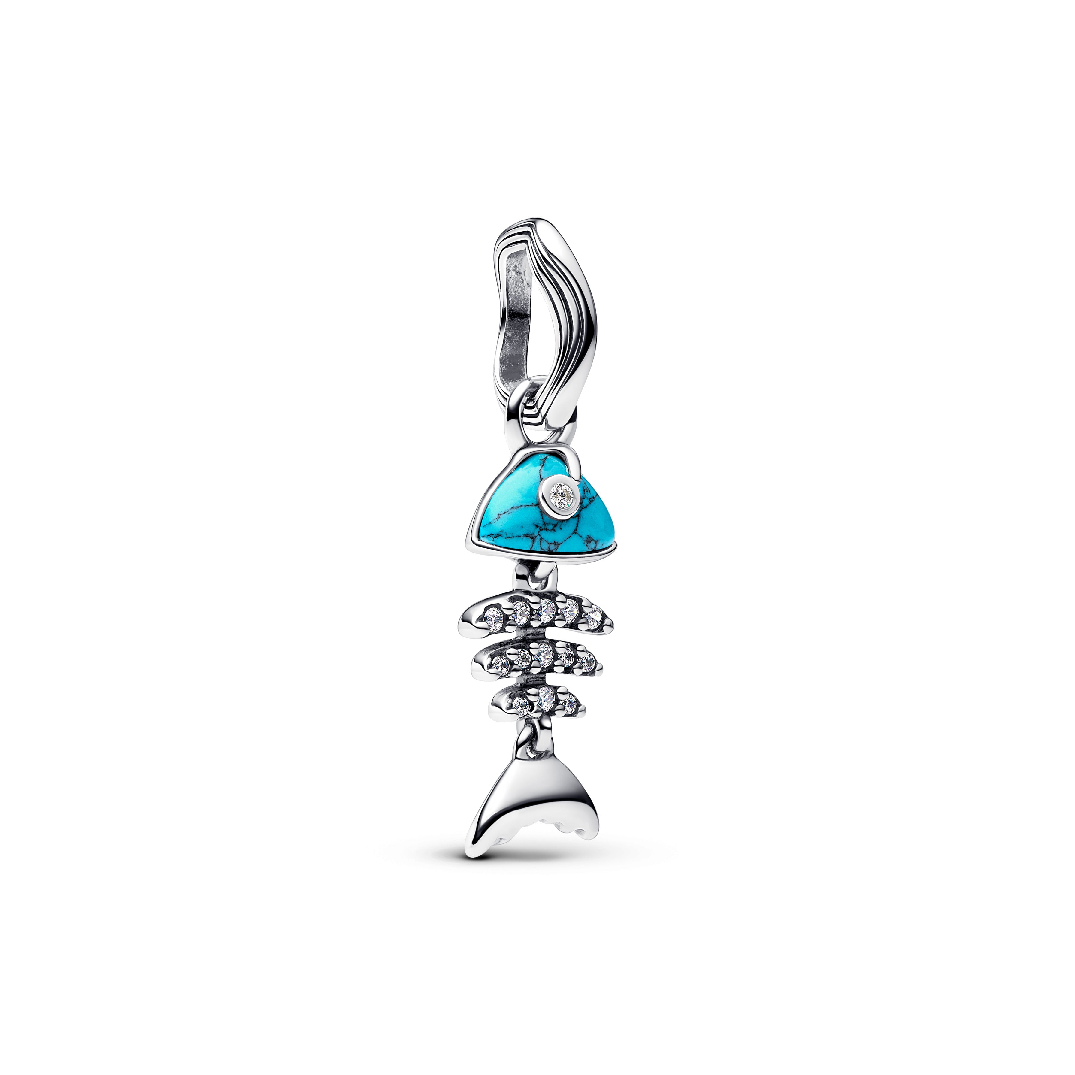 Fishbone Sterling Silver Dangle With Clear Cubic Zirconia And Imitation Turquoise
