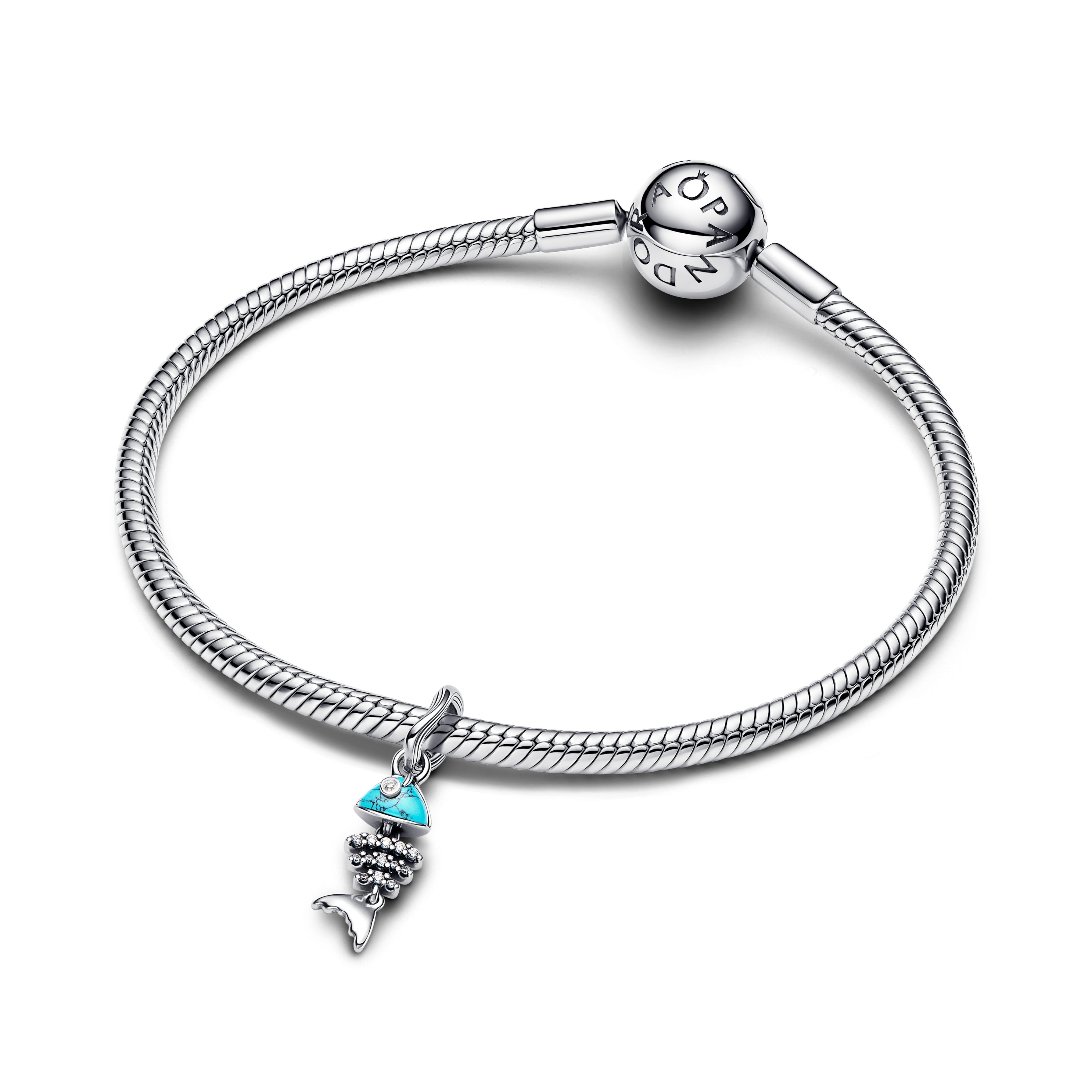 Fishbone Sterling Silver Dangle With Clear Cubic Zirconia And Imitation Turquoise