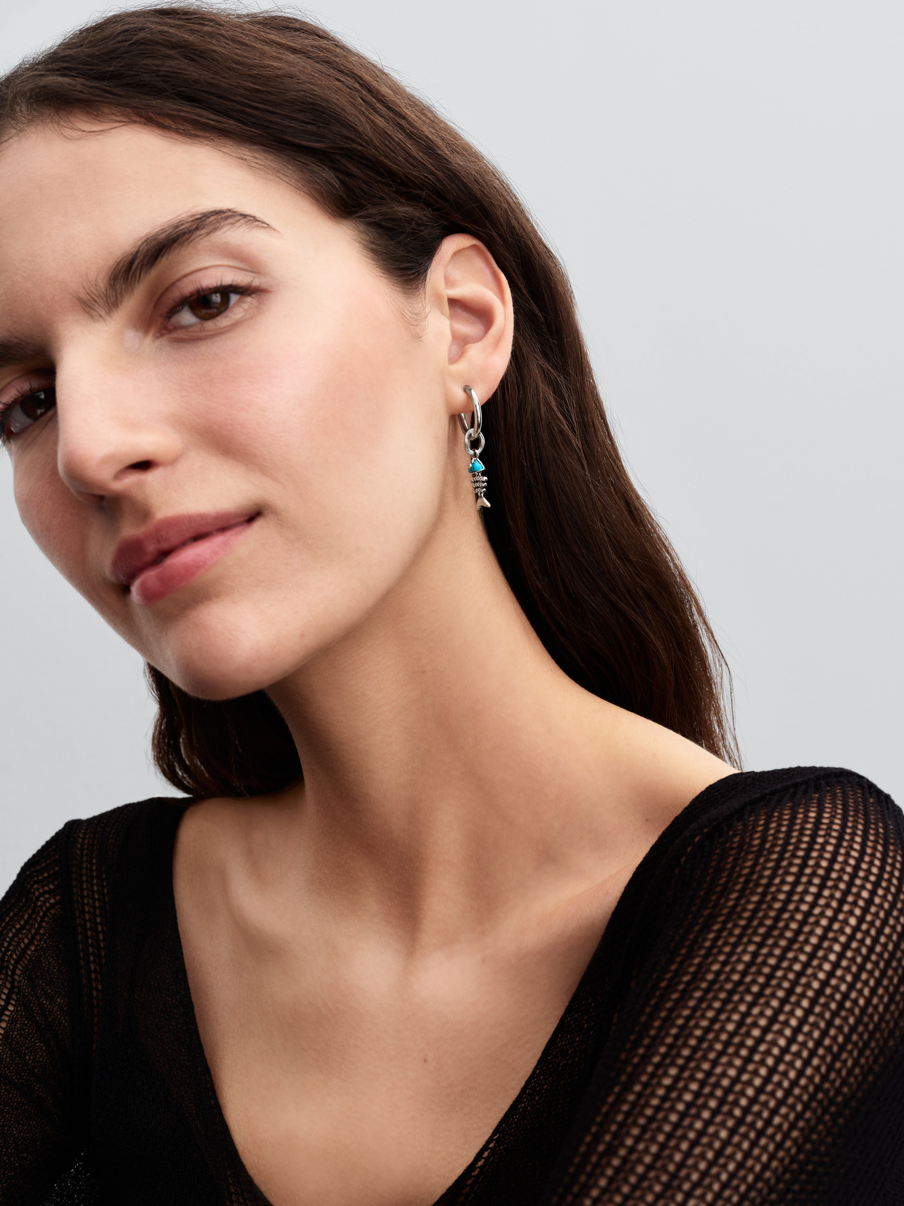 Fishbone Sterling Silver Dangle With Clear Cubic Zirconia And Imitation Turquoise