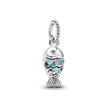 Fish Sterling Silver Dangle With Clear Cubic Zirconia, True Navy, Capri Blue And Pastel Blue Enamel