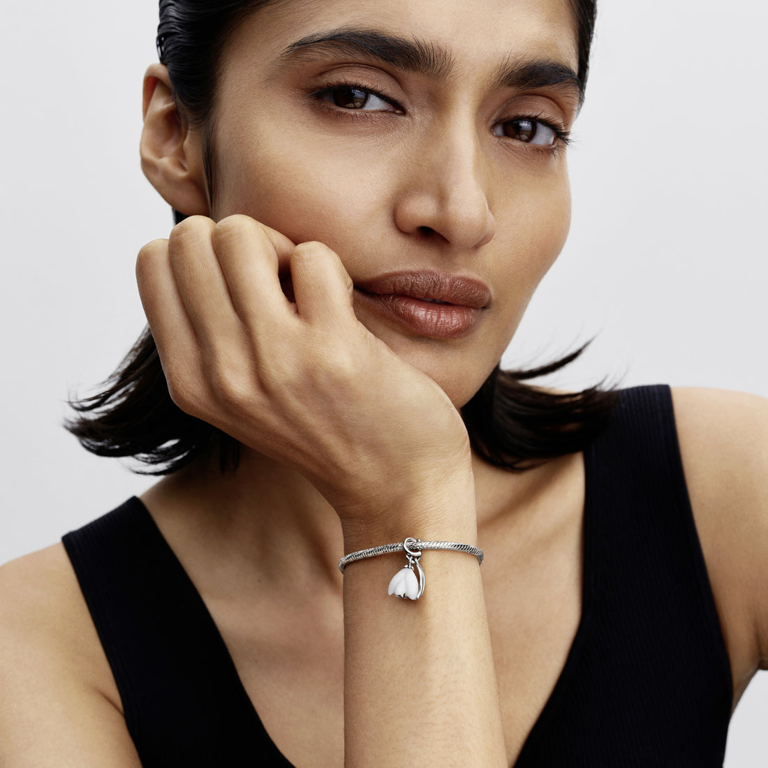 Flower Sterling Silver Dangle With Clear Cubic Zirconia And White Murano Glass