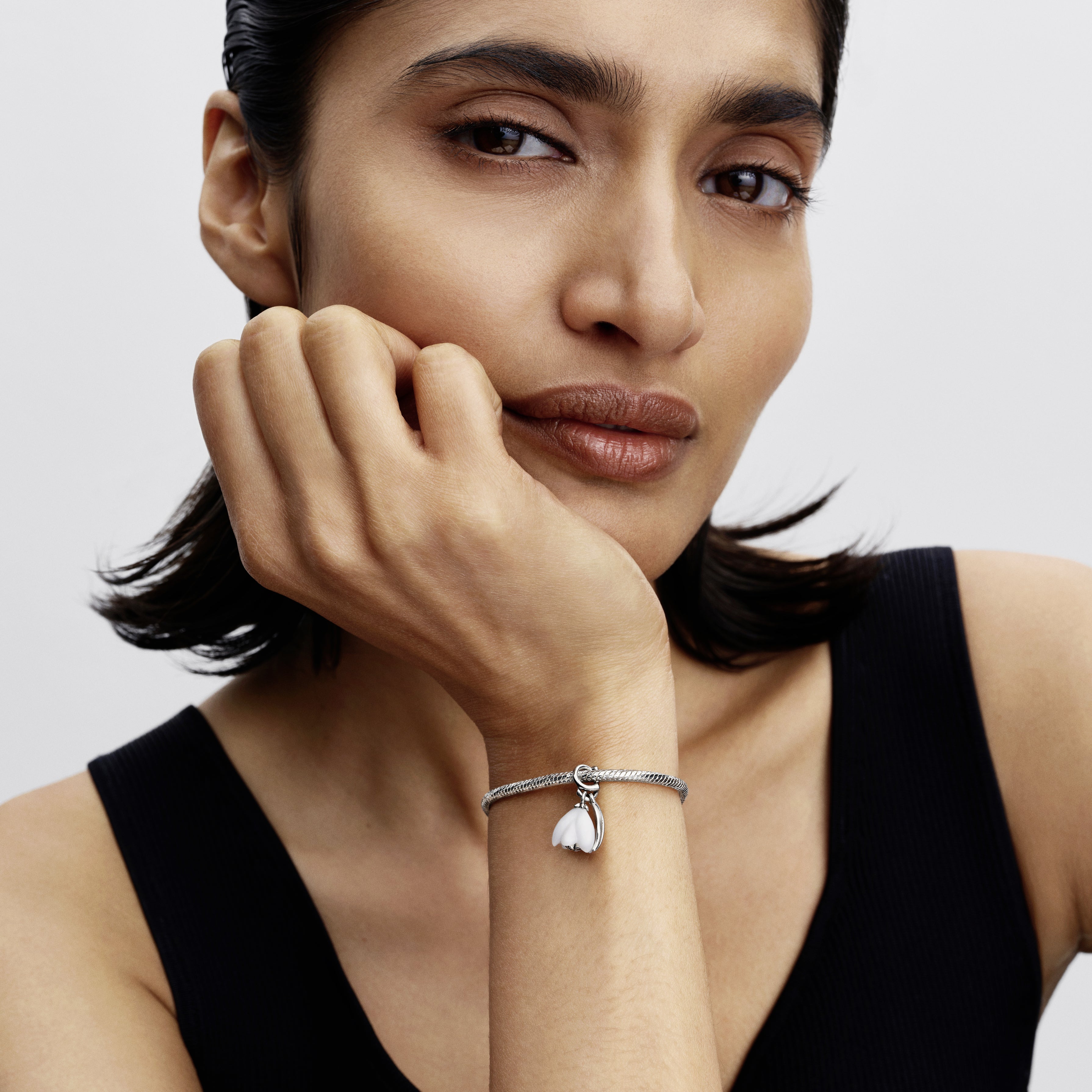 Flower Sterling Silver Dangle With Clear Cubic Zirconia And White Murano Glass