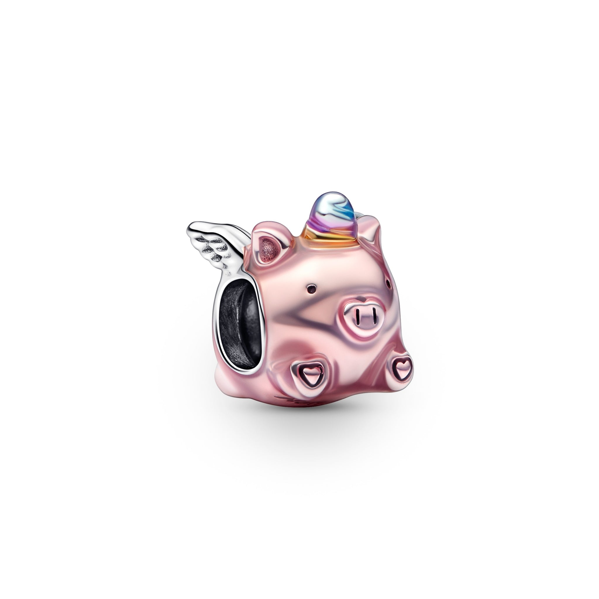 Flying Pig Sterling Silver Charm With Transparent Light Pink, Blue, Violet And Yellow Enamel