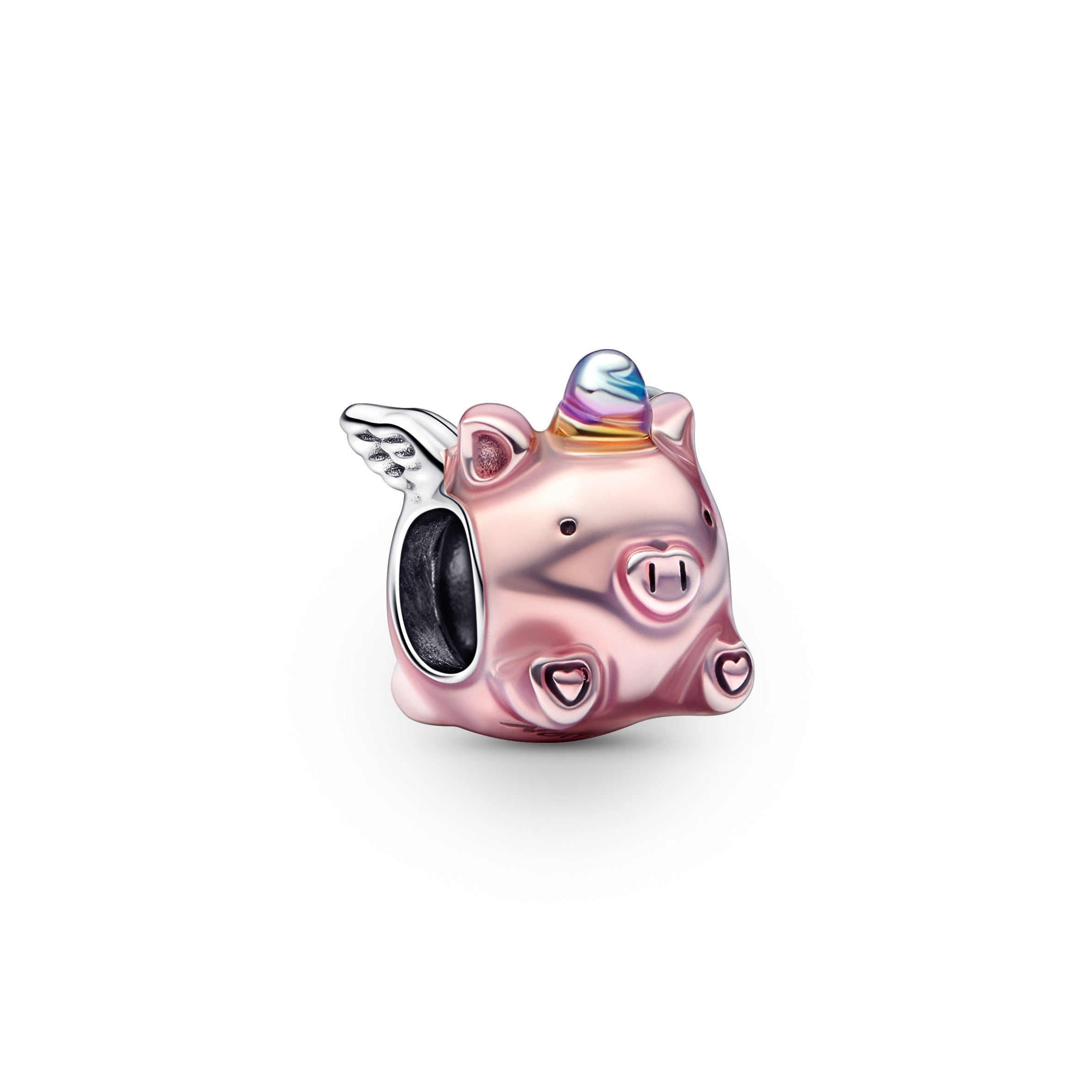 Flying Pig Sterling Silver Charm With Transparent Light Pink, Blue, Violet And Yellow Enamel