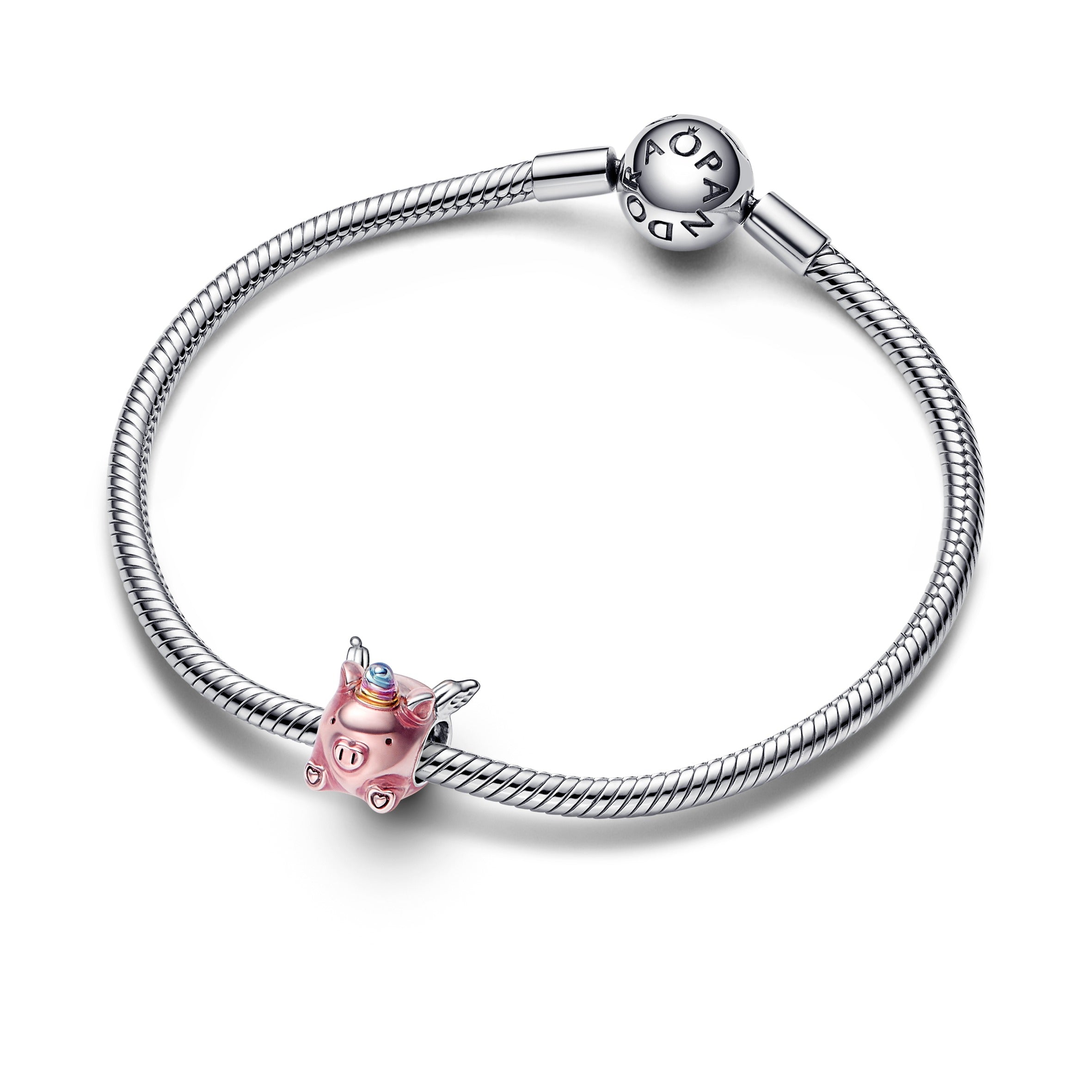 Flying Pig Sterling Silver Charm With Transparent Light Pink, Blue, Violet And Yellow Enamel