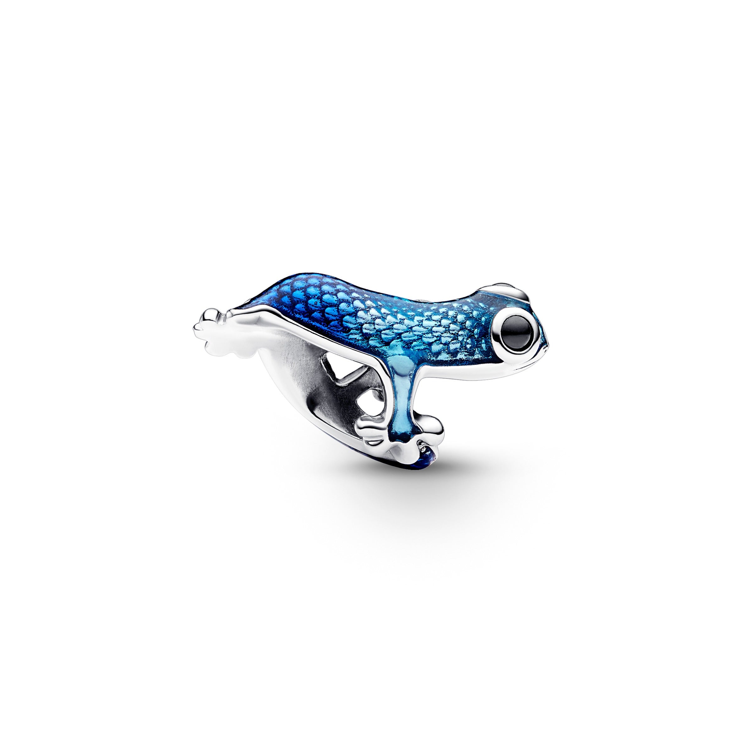 Gecko Sterling Silver Charm With Black Crystal And Shaded Transparent Metallic Light To Dark Blue Enamel