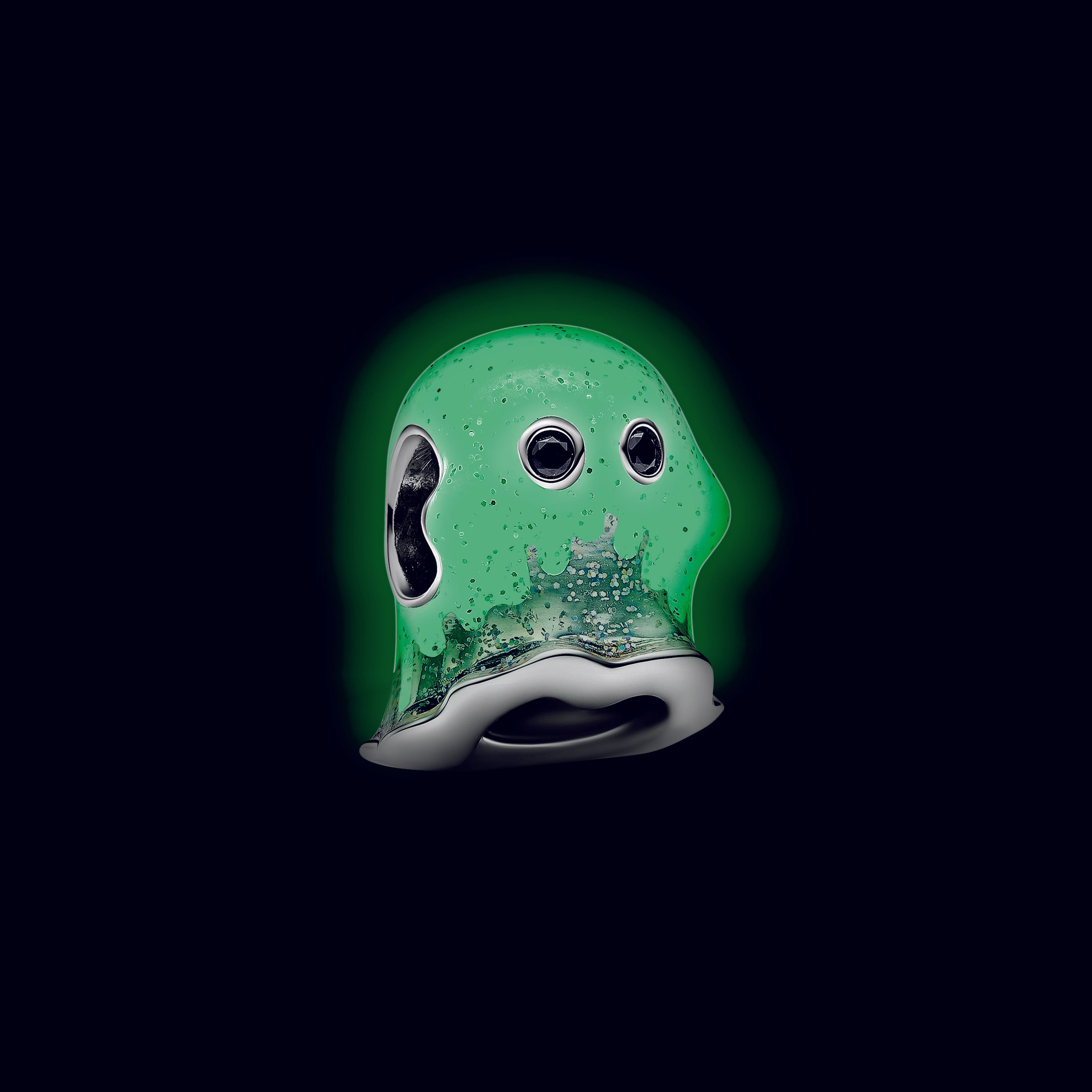 Ghost Sterling Silver Charm With Black Crystal And Shimmering White Glow In The Dark Enamel