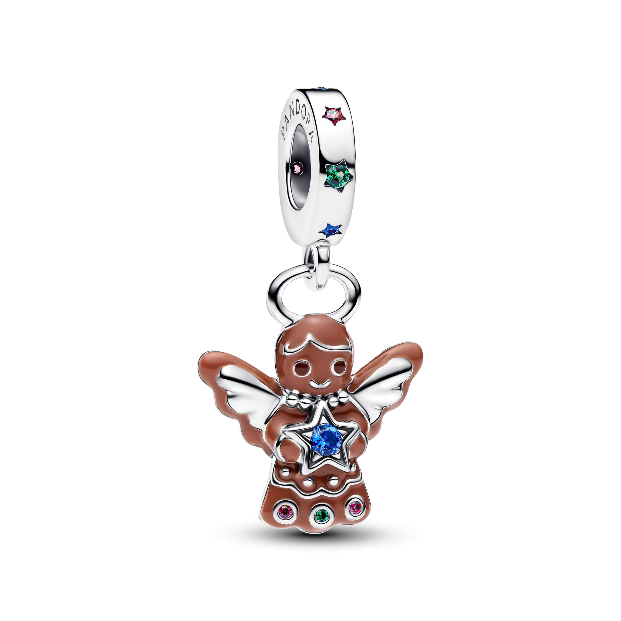 Gingerbread Angel Sterling Silver Dangle With Red Cubic Zirconia, Royal Green, Stellar Blue And Royal Blue Crystal And Enamel
