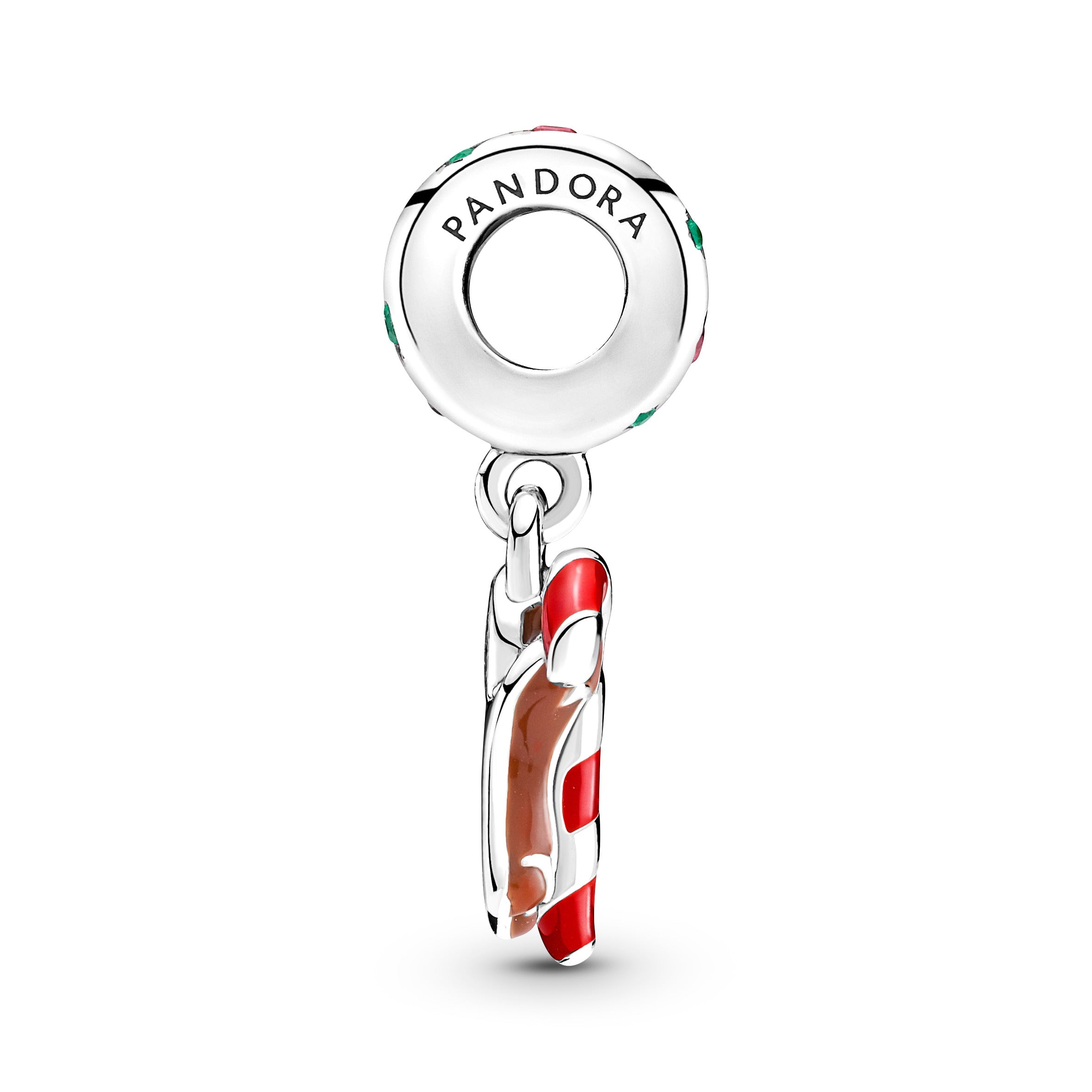 Ginger Bread Man With Candy Cane Sterling Silver Dangle With Spectra Green Crystal, Red Cubic Zirconia, Red, Pink, Brown And Green Enamel