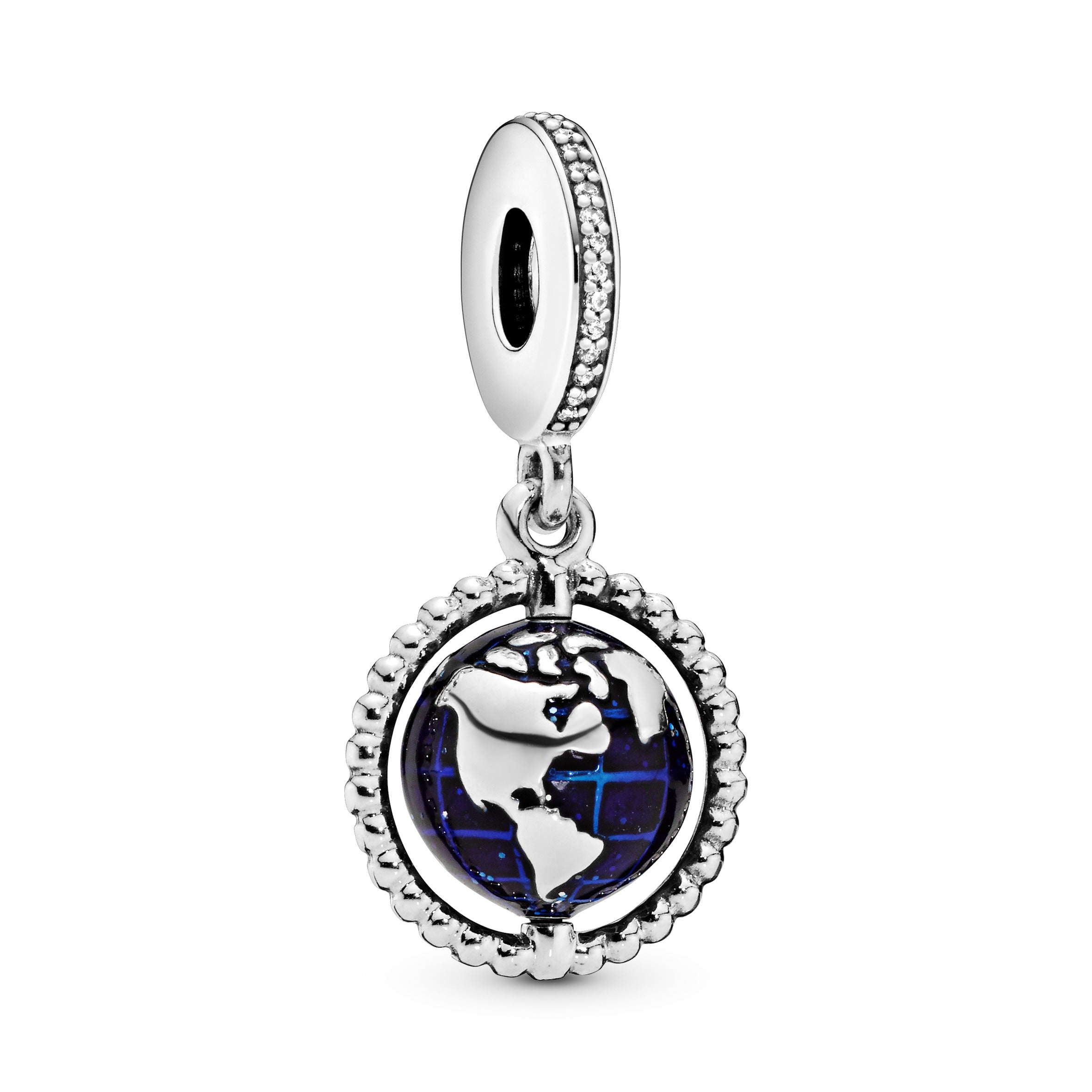 Globe Silver Dangle With Clear Cubic Zirconia And Blue Enamel