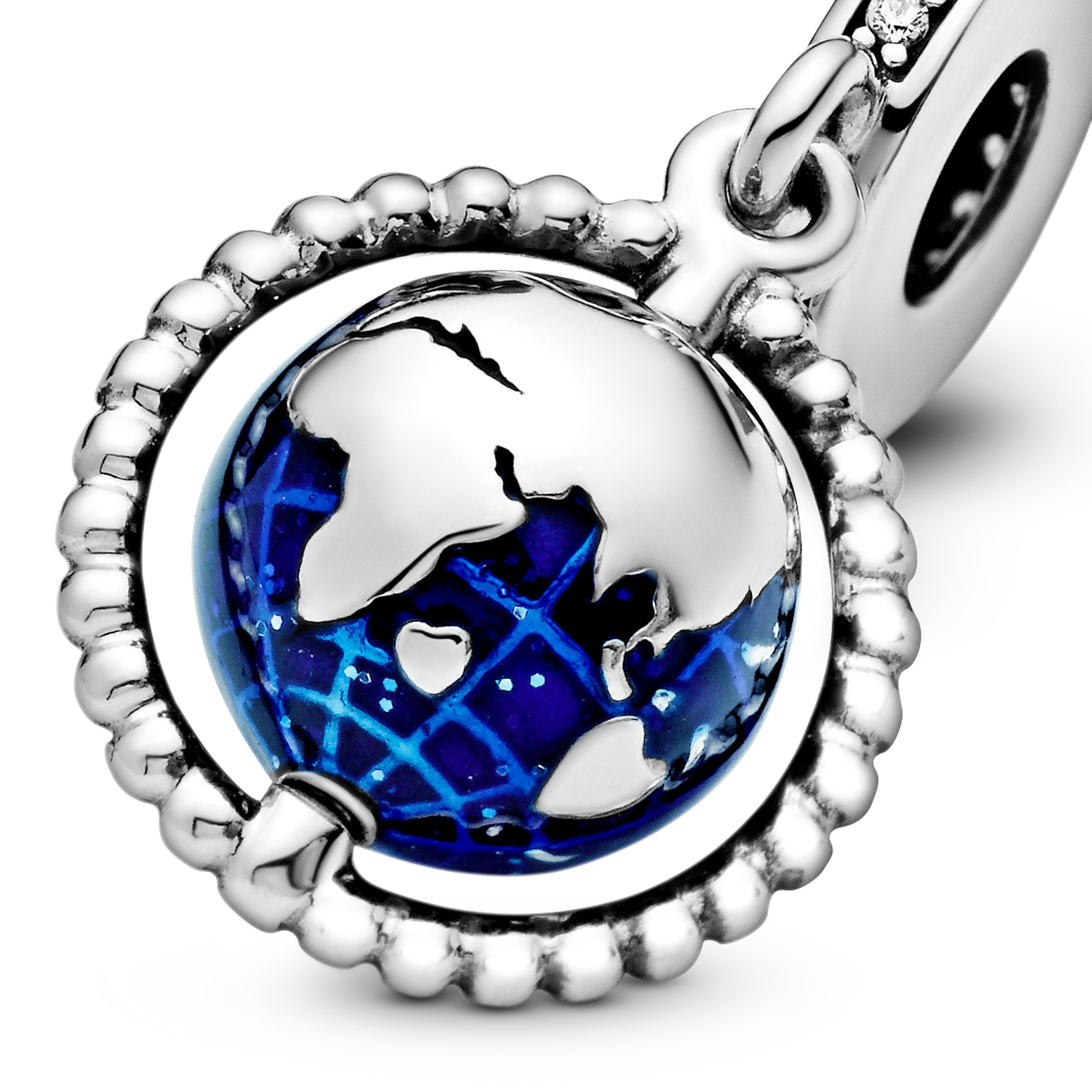 Globe Silver Dangle With Clear Cubic Zirconia And Blue Enamel