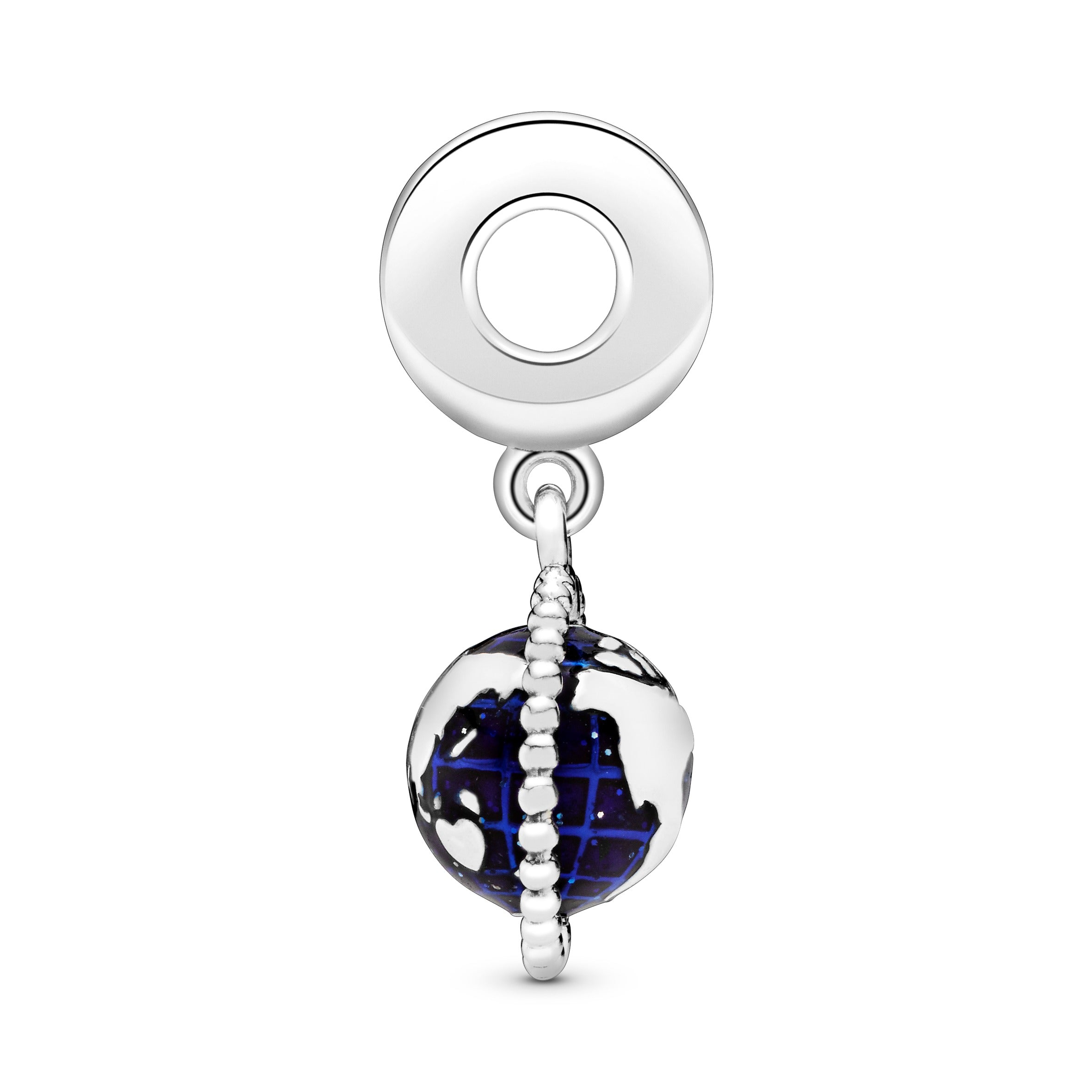 Globe Silver Dangle With Clear Cubic Zirconia And Blue Enamel