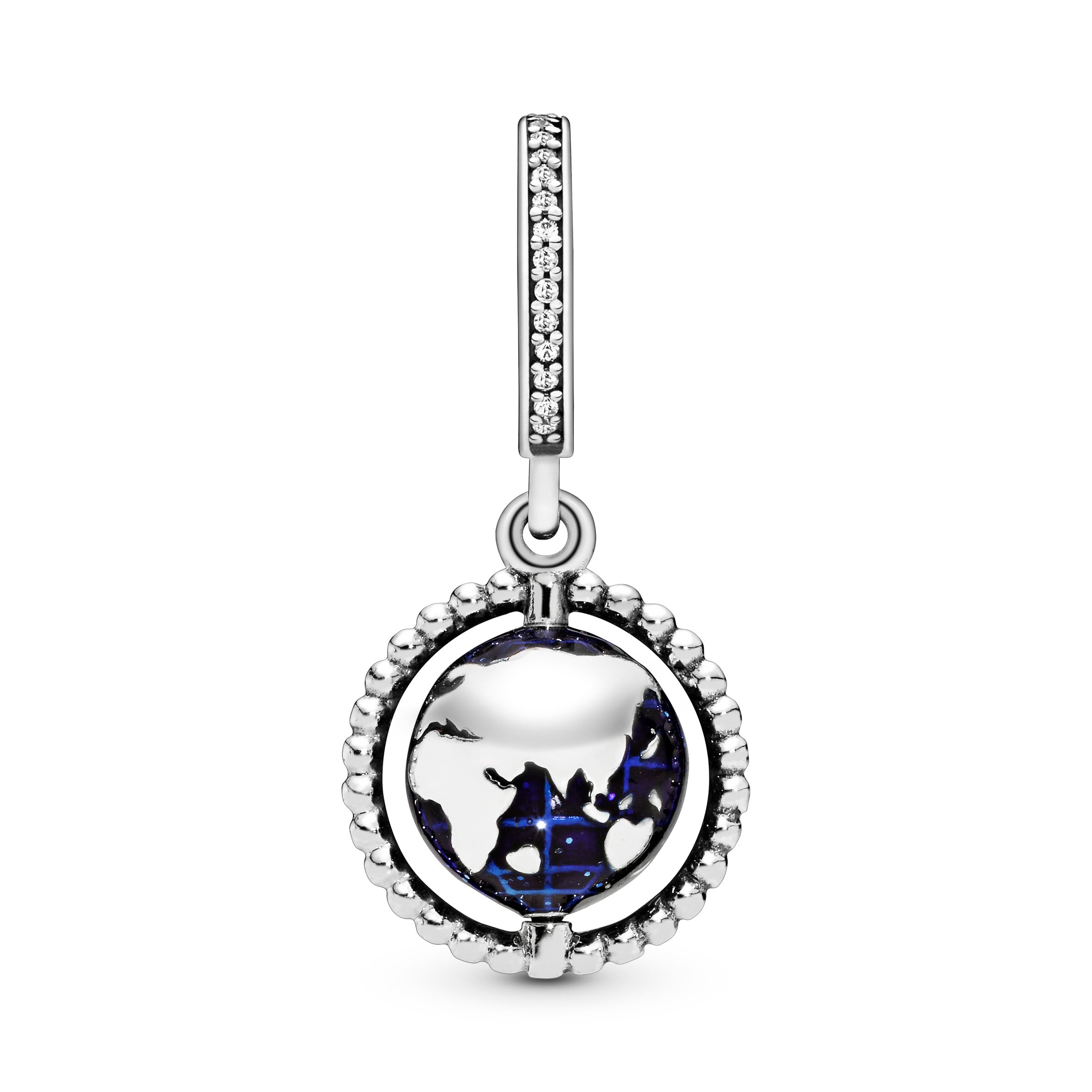 Globe Silver Dangle With Clear Cubic Zirconia And Blue Enamel