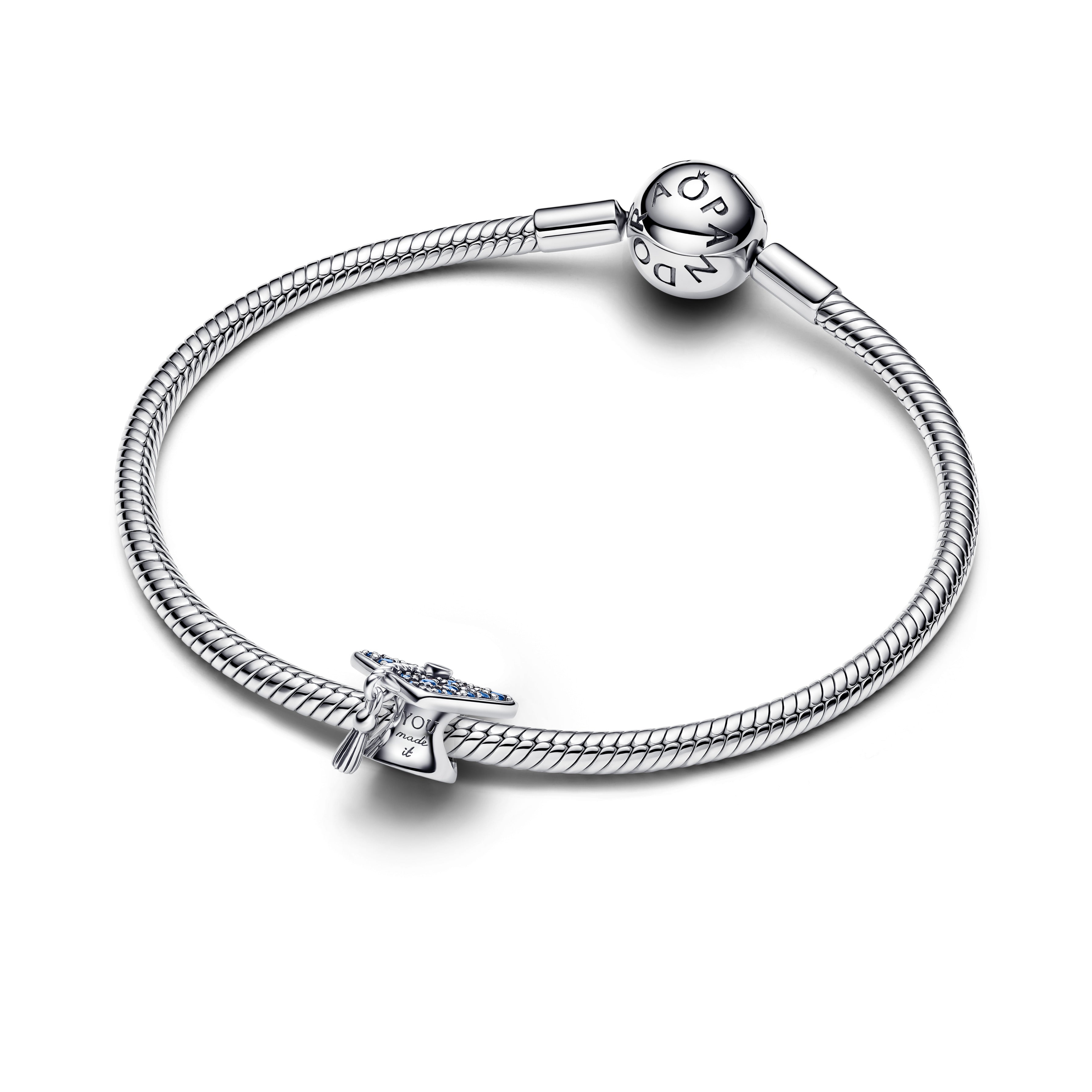 Graduation Cap Sterling Silver Charm With Stellar Blue Crystal And Clear Cubic Zirconia