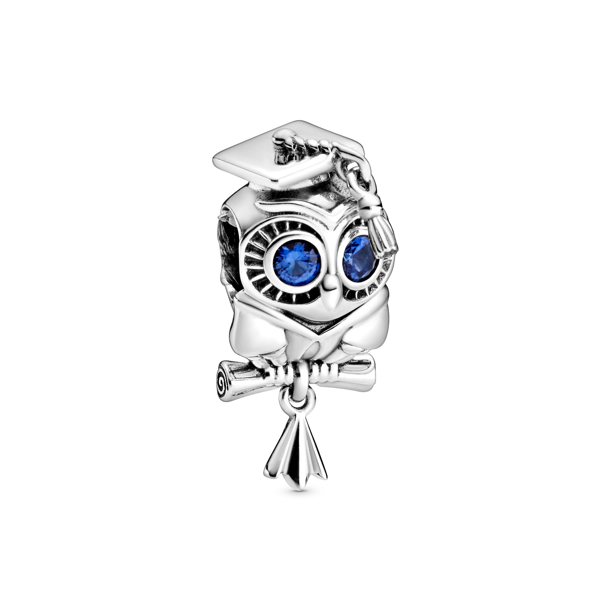 Graduation Owl Sterling Silver Charm With Stellar Blue Crystal