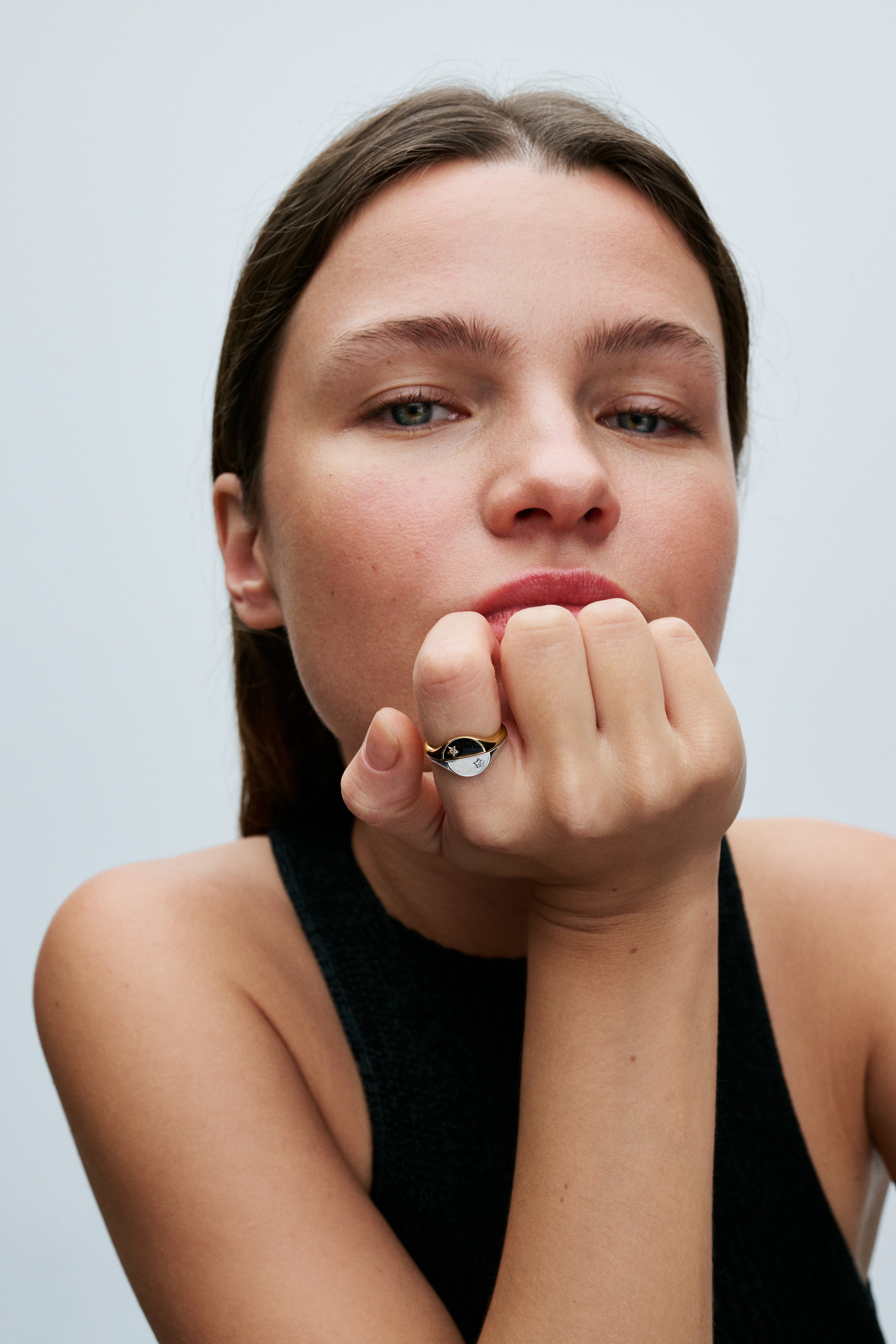 Halved Signet 14K Gold-Plated Ring With Clear Cubic Zirconia And Glittery Black Enamel