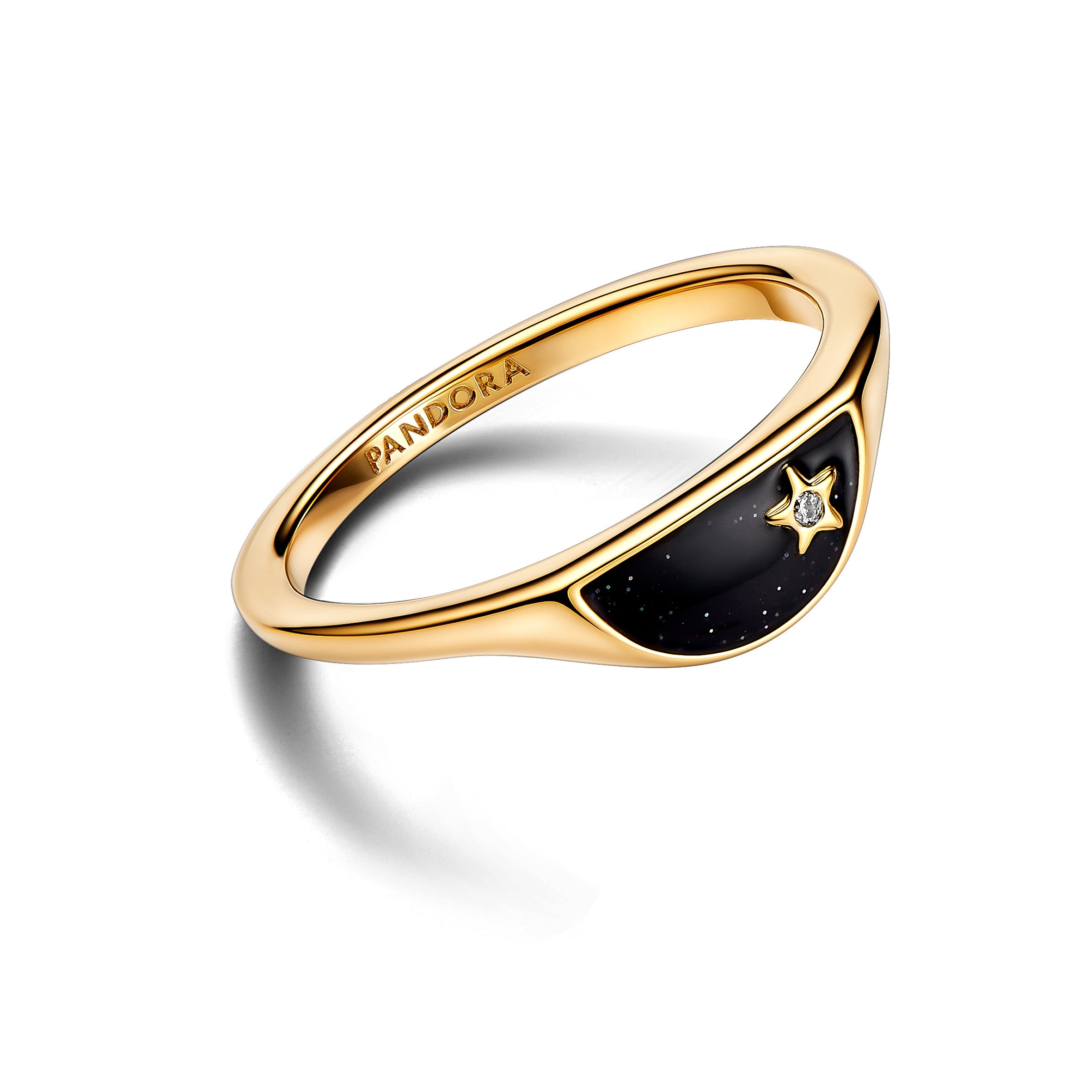 Halved Signet 14K Gold-Plated Ring With Clear Cubic Zirconia And Glittery Black Enamel