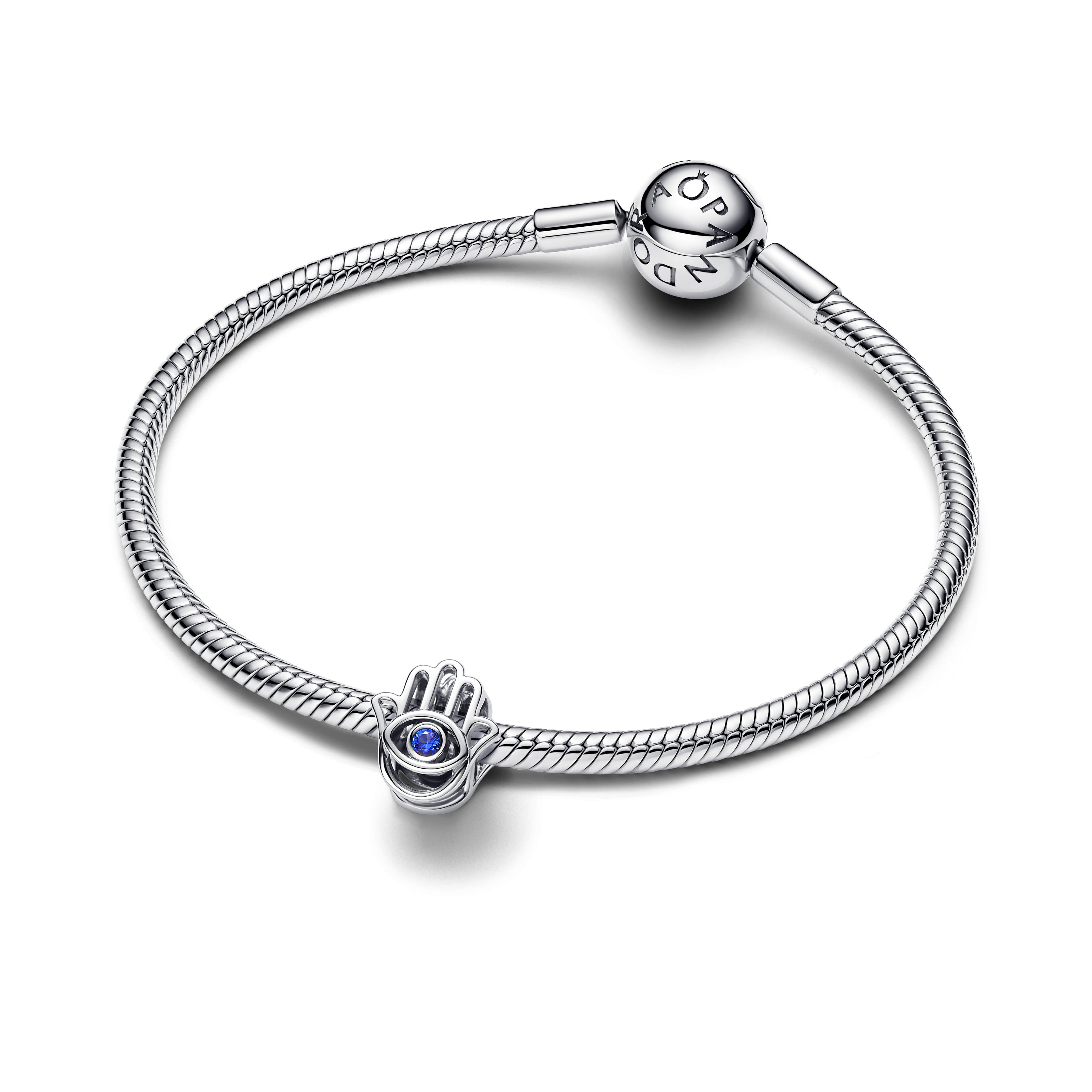 Hamsa Hand Sterling Silver Charm With Stellar Blue Crystal