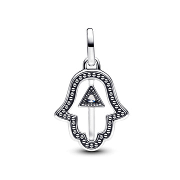 Hamsa Hand Sterling Silver Medallion With Clear Cubic Zirconia