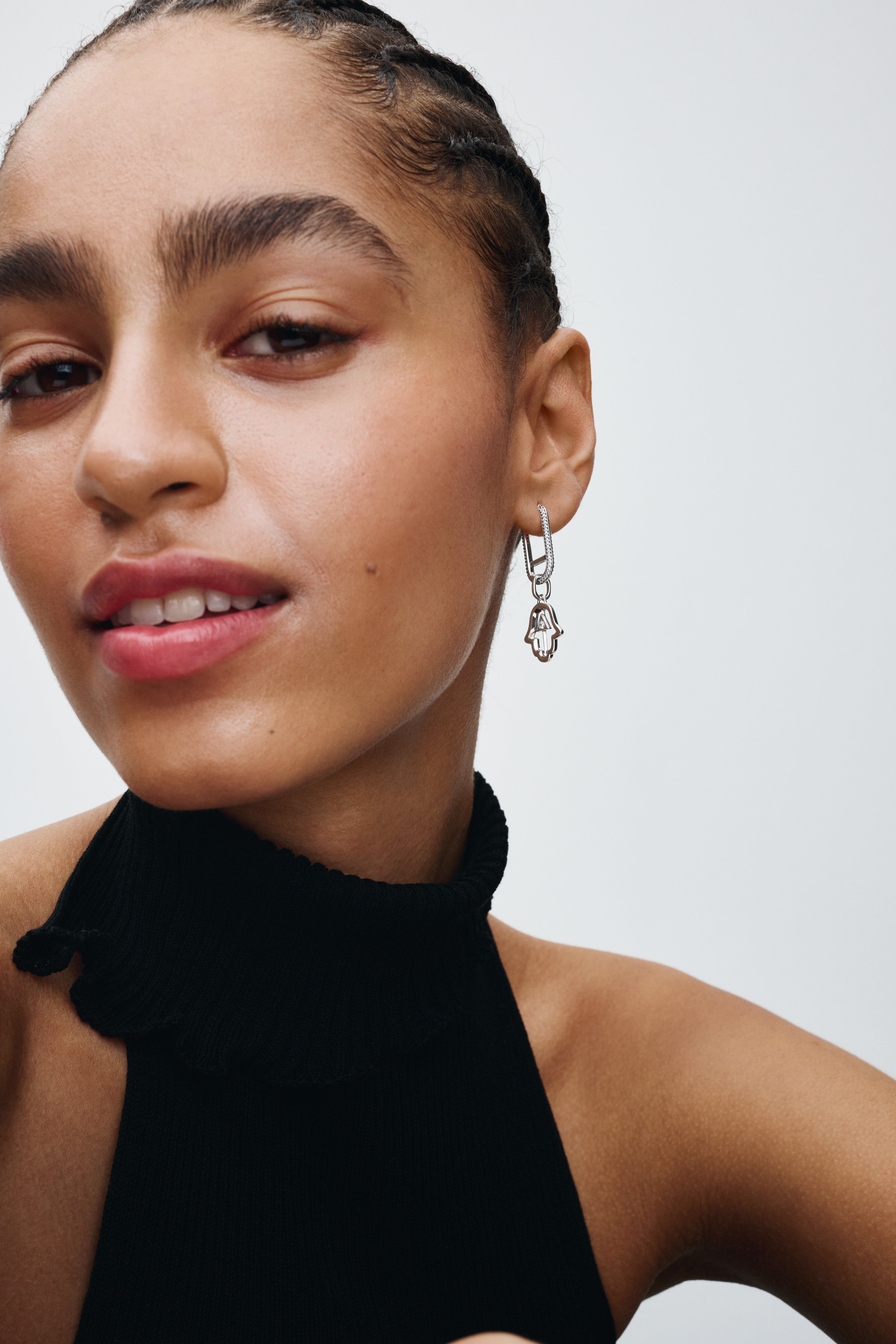 Hamsa Hand Sterling Silver Medallion With Clear Cubic Zirconia