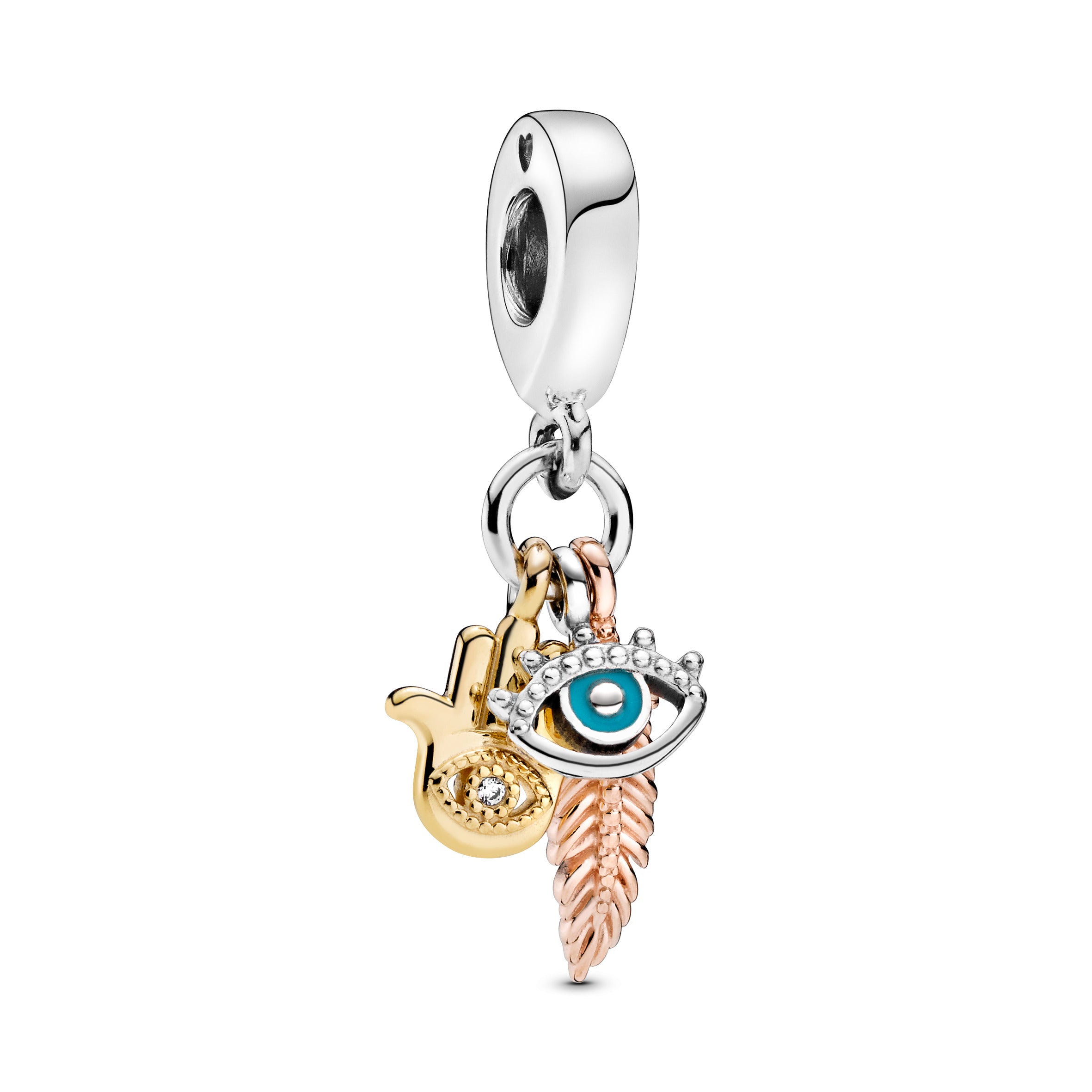 Hand, eye and feather sterling silver, 14k gold-plated and 14k rose gold-plated dangle with clear cubic zirconia and turquoise enamel
