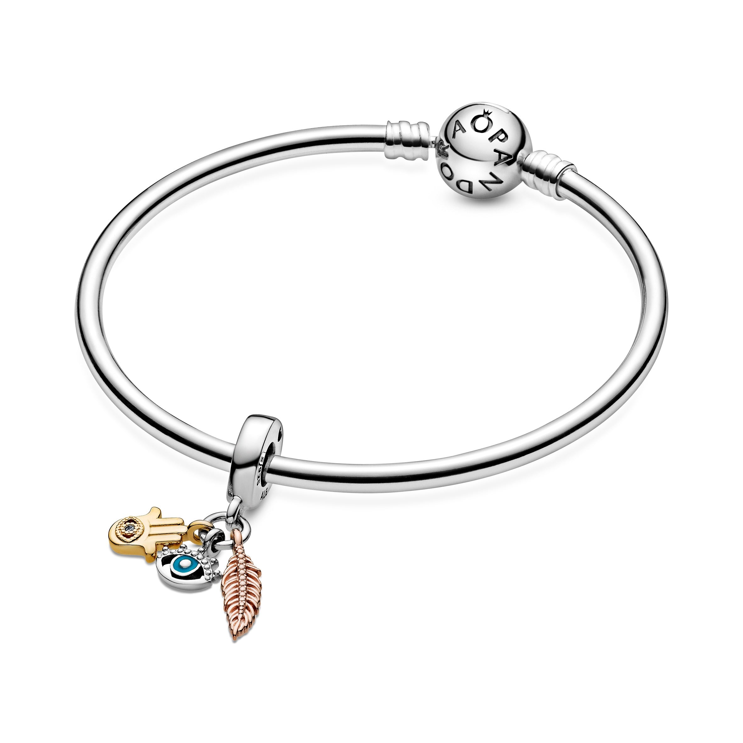 Hand, eye and feather sterling silver, 14k gold-plated and 14k rose gold-plated dangle with clear cubic zirconia and turquoise enamel