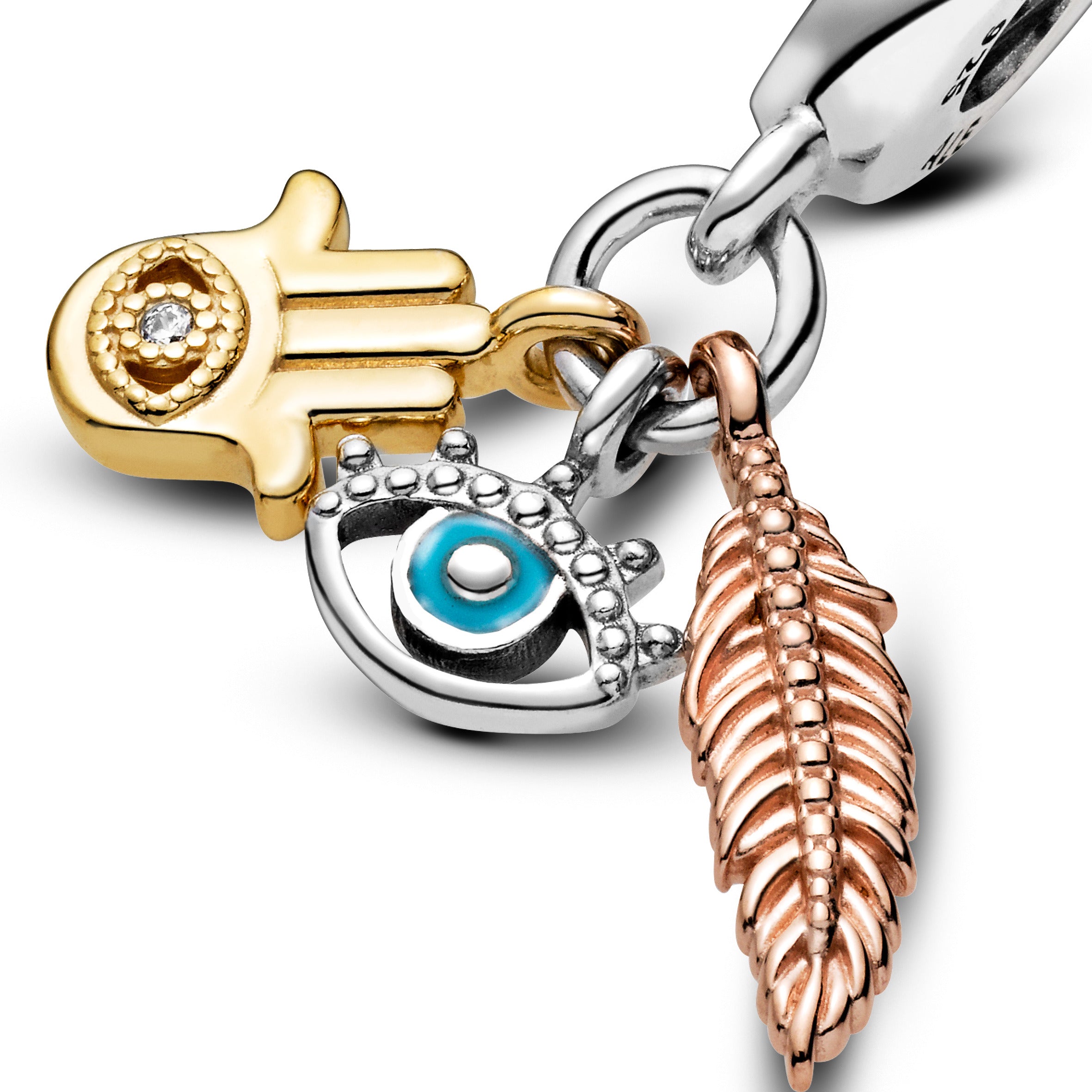 Hand, eye and feather sterling silver, 14k gold-plated and 14k rose gold-plated dangle with clear cubic zirconia and turquoise enamel