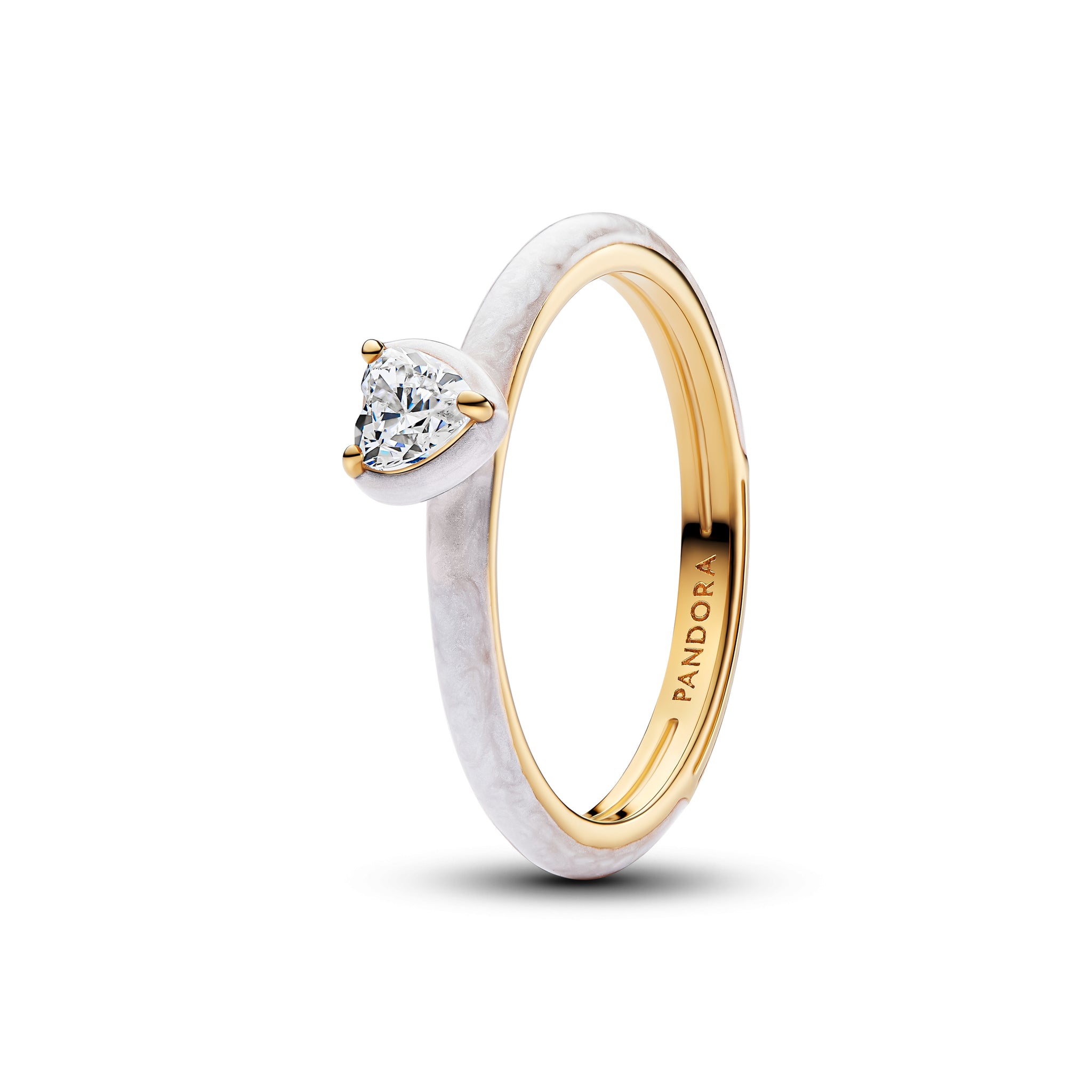Heart 14K Gold-Plated Ring With Clear Cubic Zirconia And Shimmering White Enamel