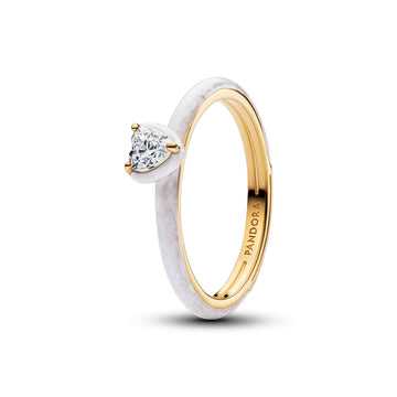 Heart 14K Gold-Plated Ring With Clear Cubic Zirconia And Shimmering White Enamel