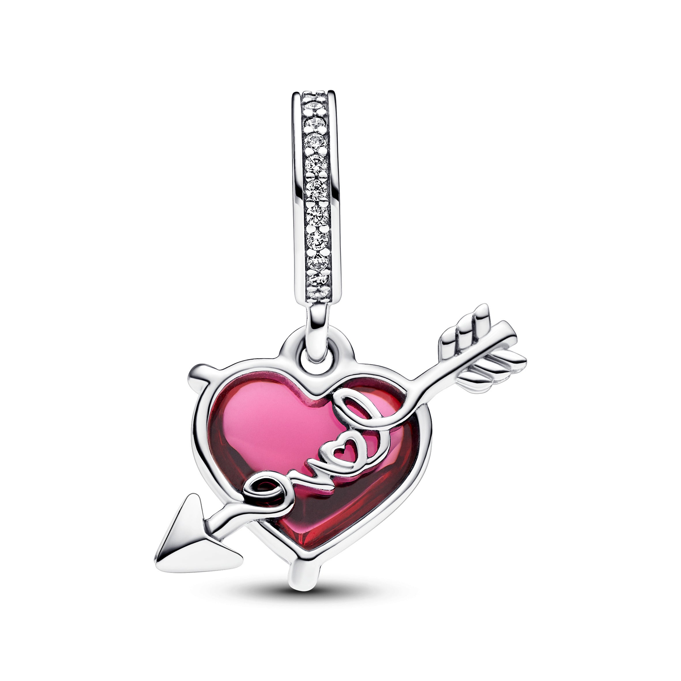 Heart And Arrow Sterling Silver Dangle With Clear Cubic Zirconia And Red Murano Glass