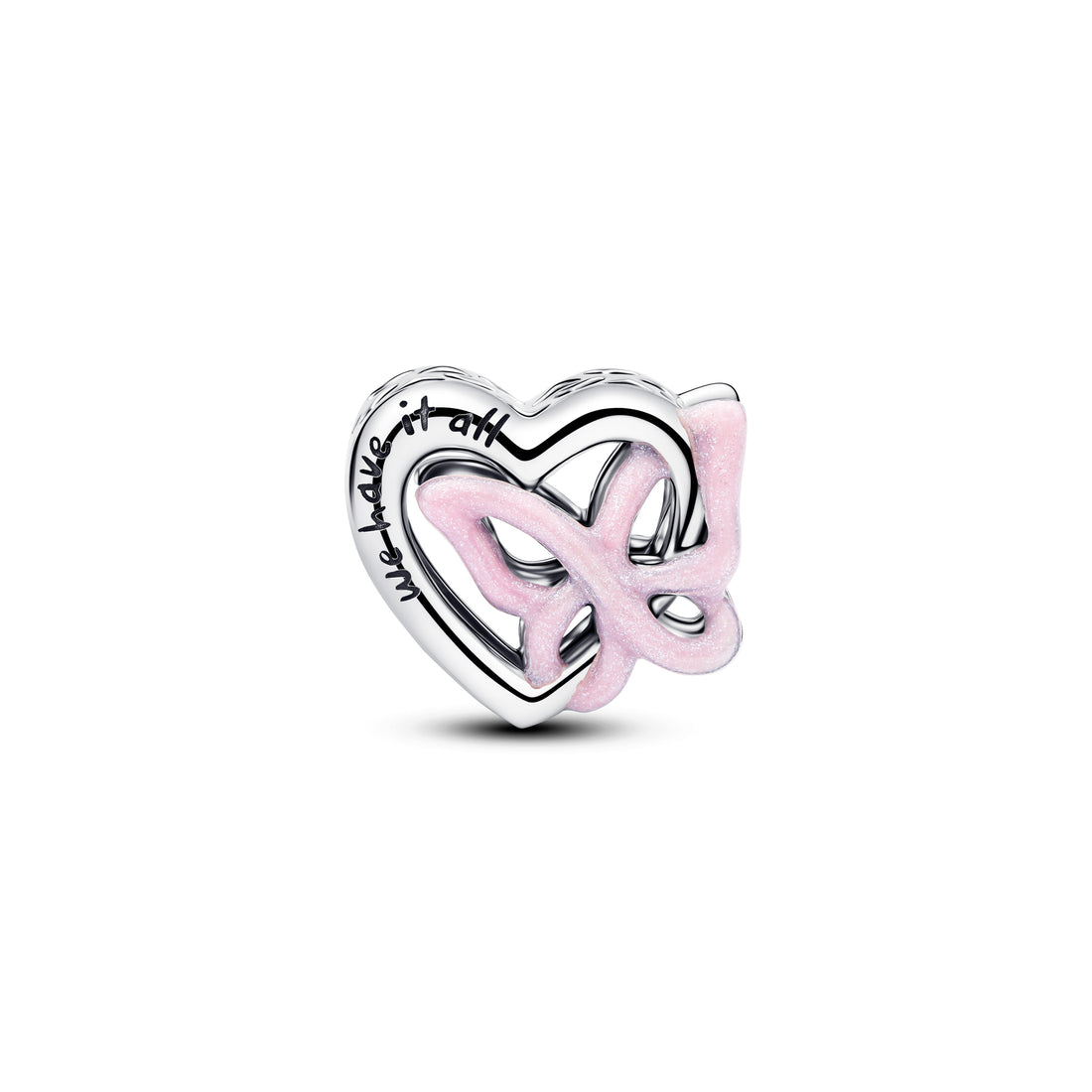 Heart And Butterfly Sterling Silver Charm With Glittery Pink Enamel