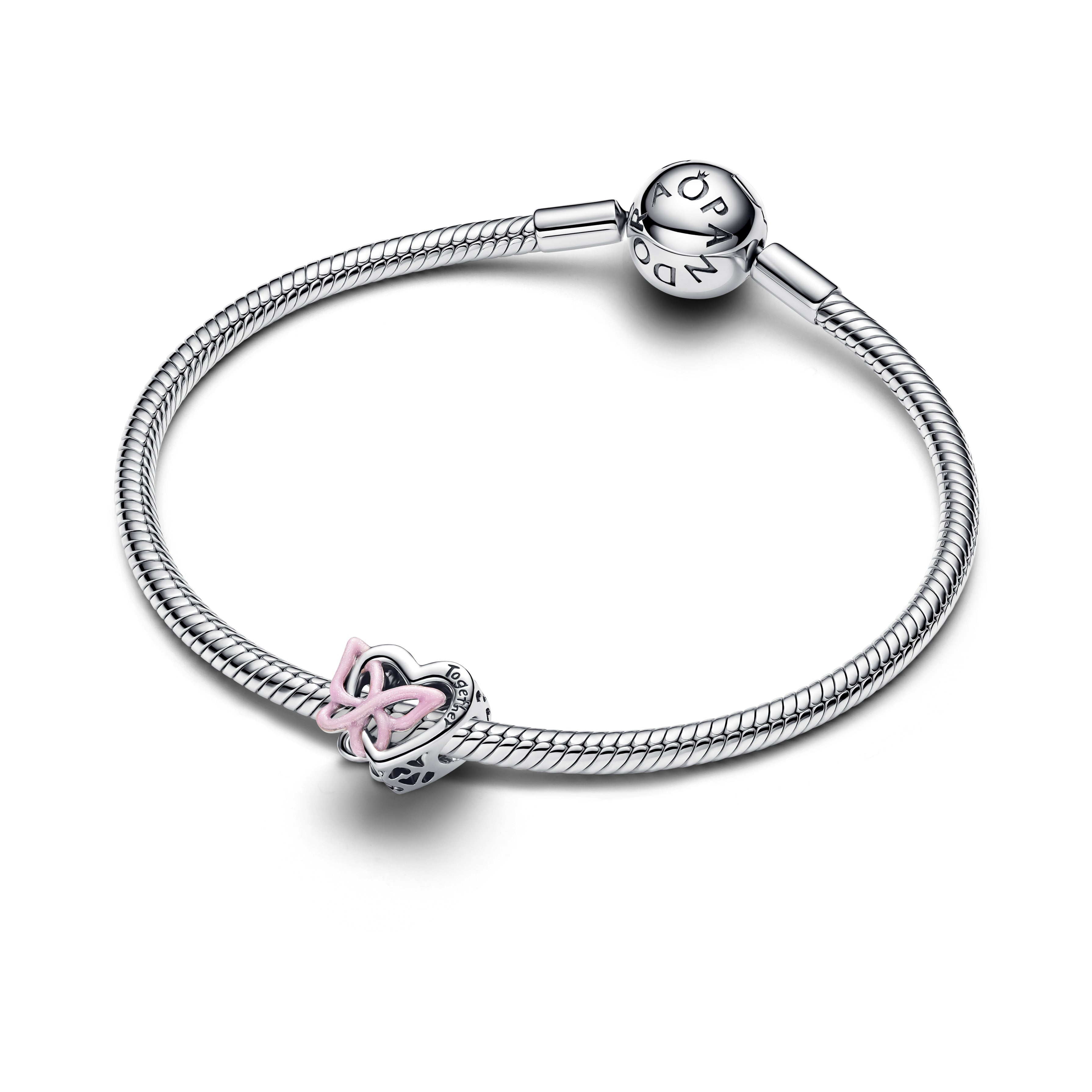 Heart And Butterfly Sterling Silver Charm With Glittery Pink Enamel