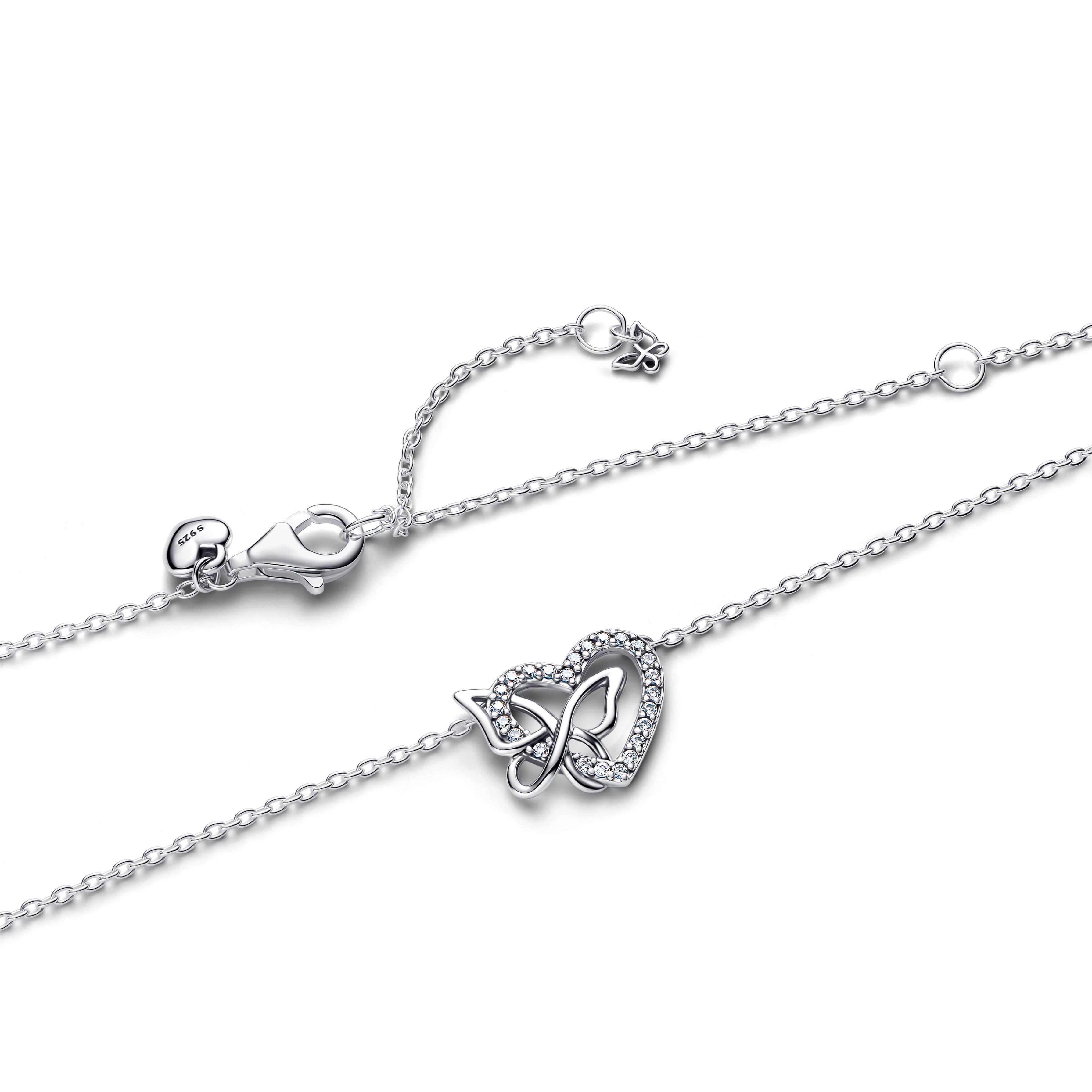 Heart And Butterfly Sterling Silver Collier With Clear Cubic Zirconia