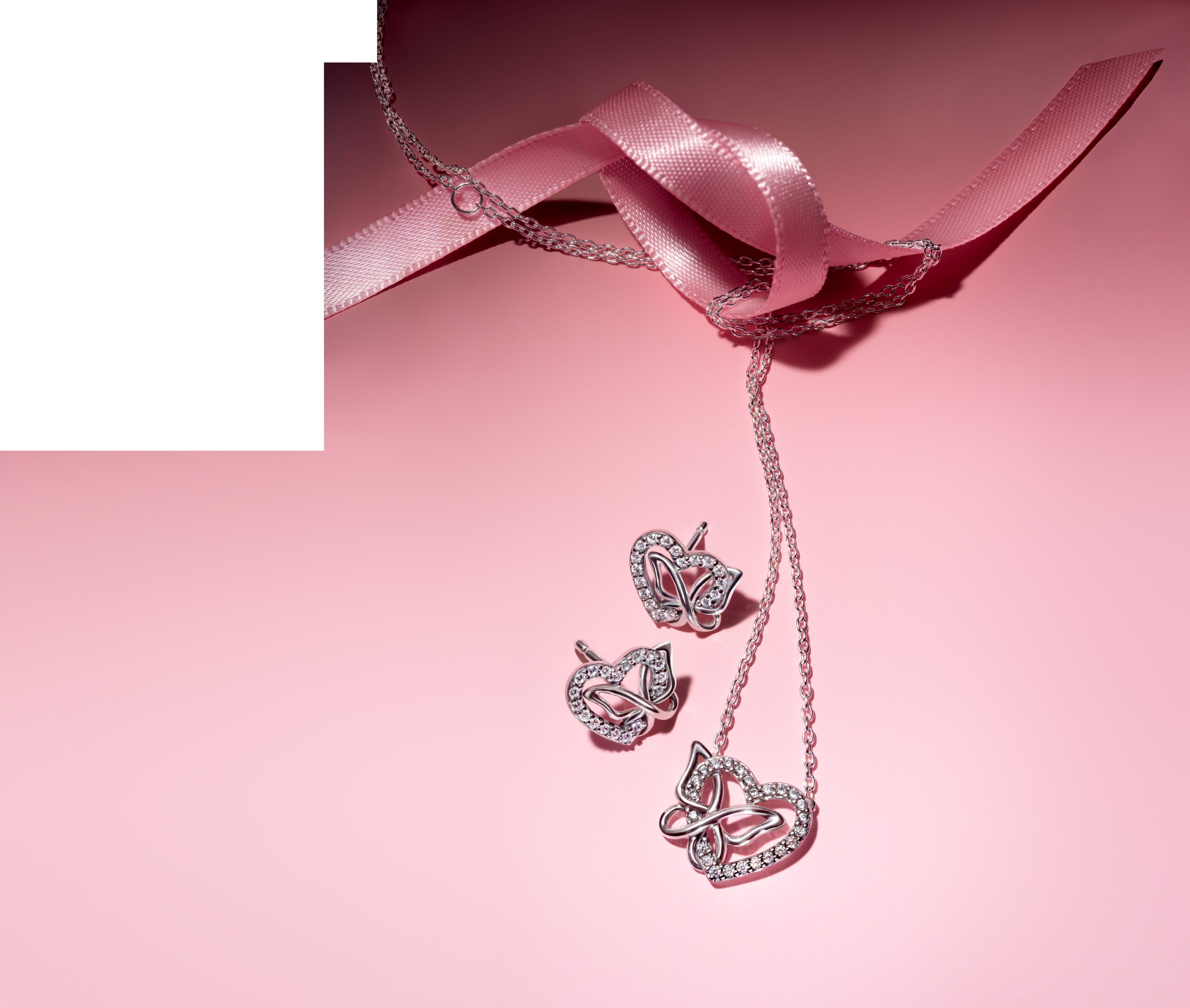 Heart And Butterfly Sterling Silver Collier With Clear Cubic Zirconia