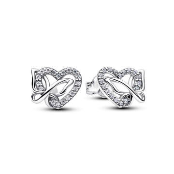 Heart And Butterfly Sterling Silver Stud Earrings With Clear Cubic Zirconia